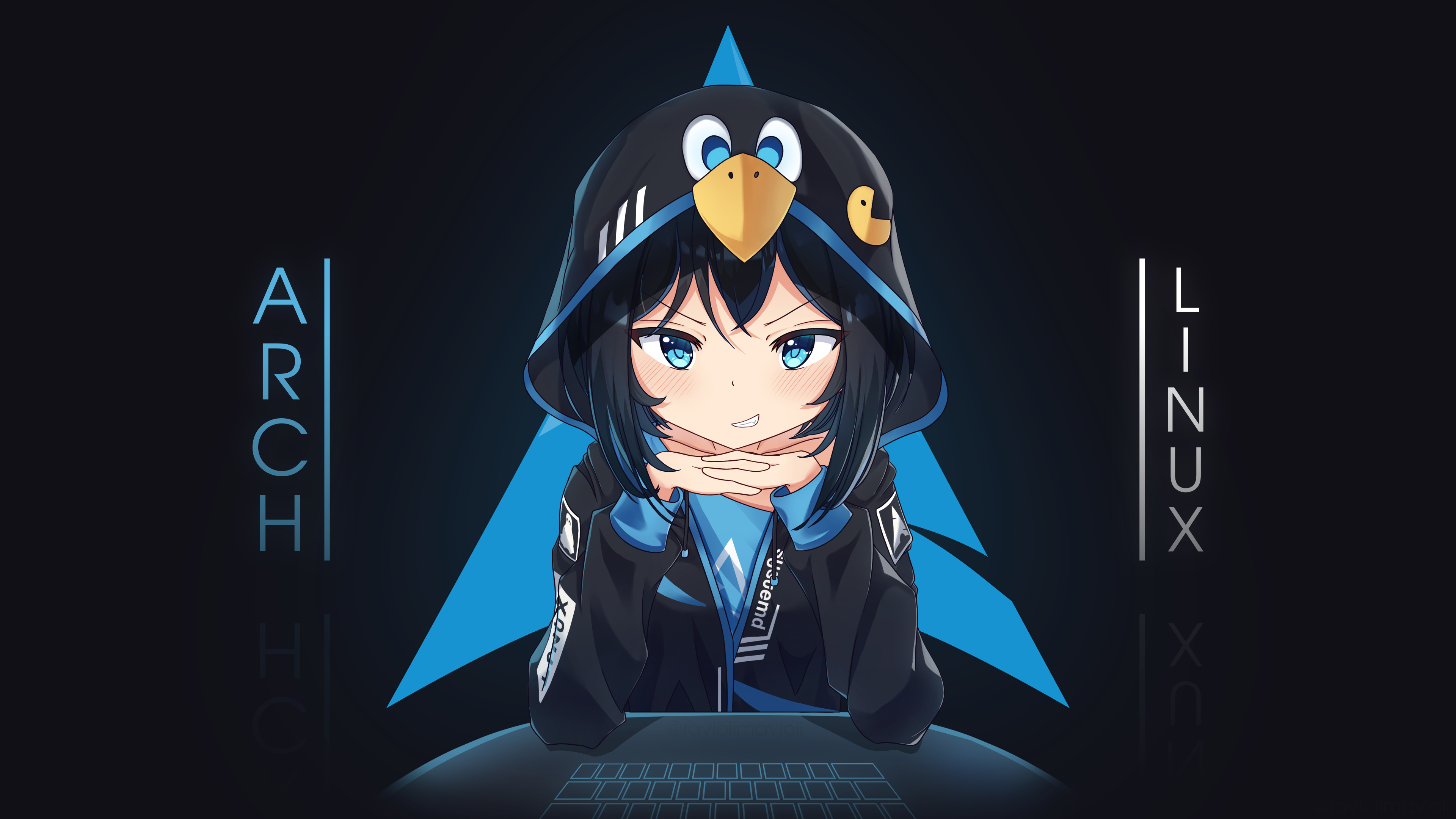 Anime Anime Girls Technology Software Arch Linux Dark Background White Skin Blue Eyes Fan Art 3840x2160