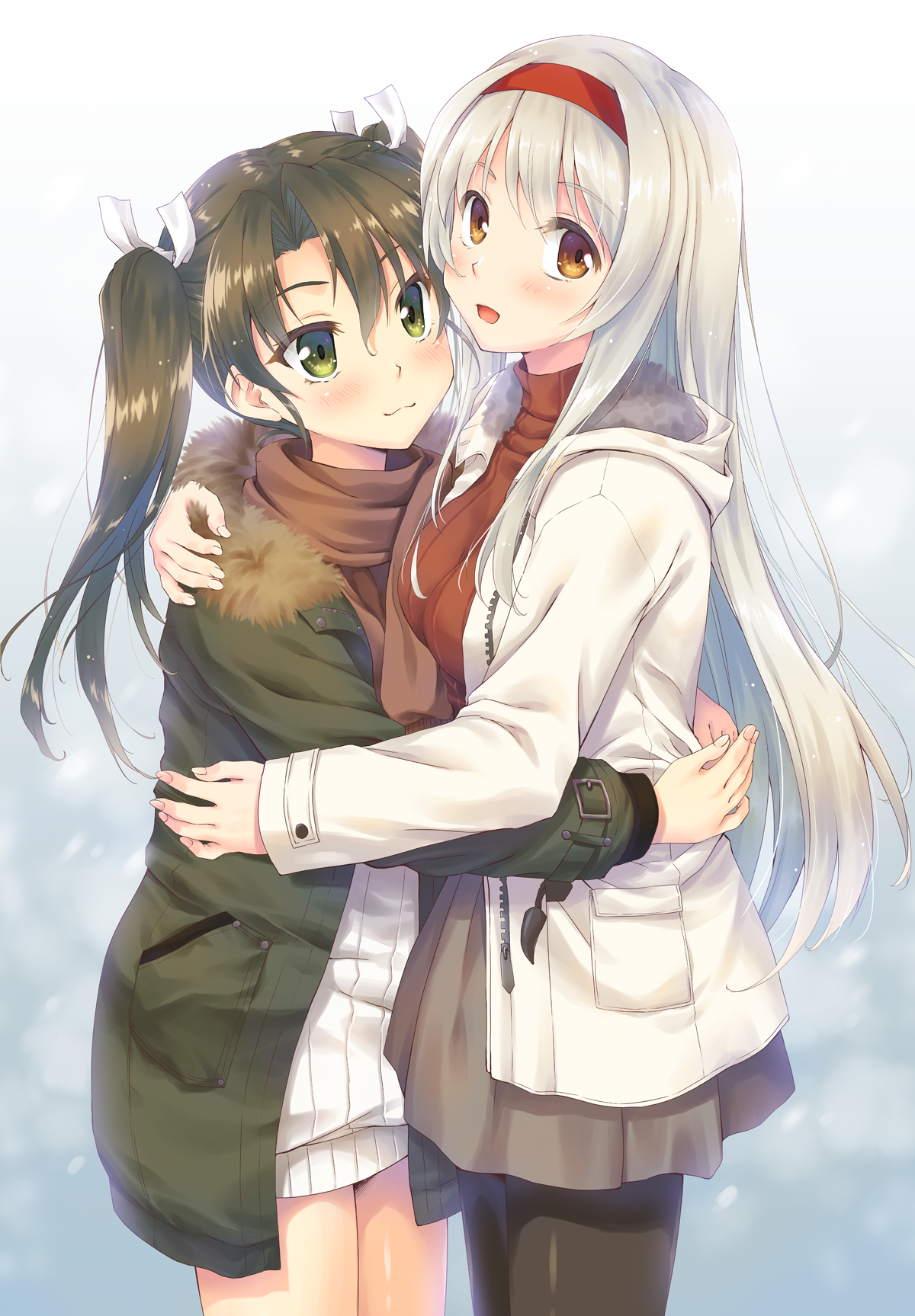 Hugging Anime Anime Girls Kantai Collection Zuikaku KanColle Shoukaku KanColle Twintails Green Hair  1200x1727