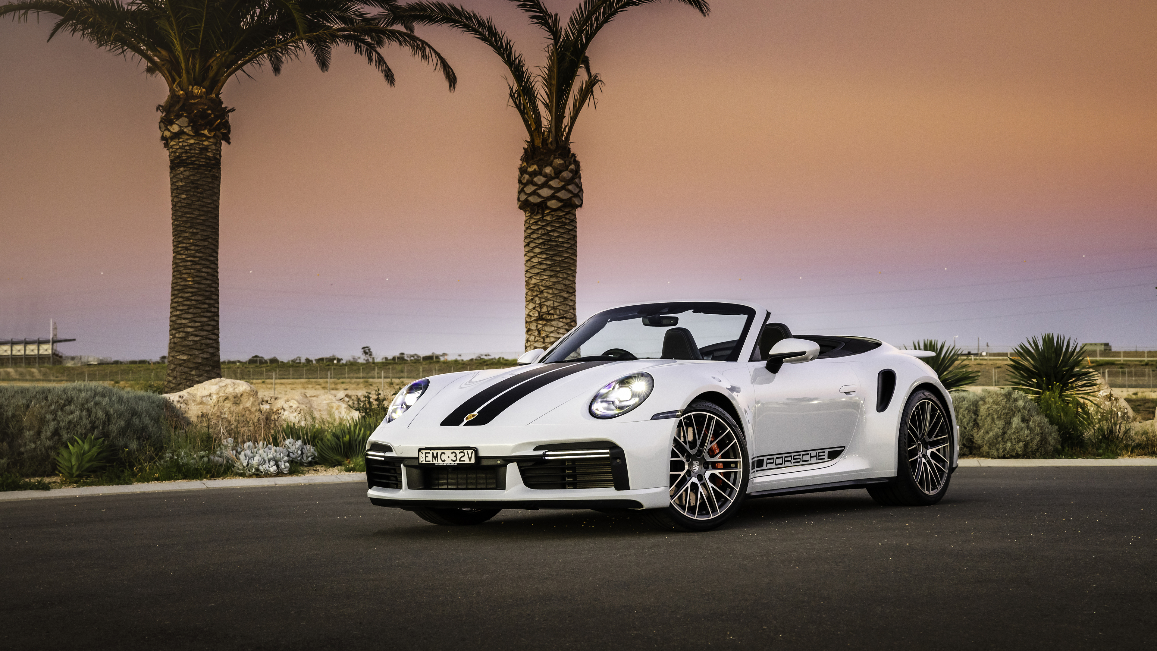 Porsche Porsche 911 Porsche Turbo Cabriolet Convertible Sports Car White Cars Sunset Desert Palm Tre 3840x2160