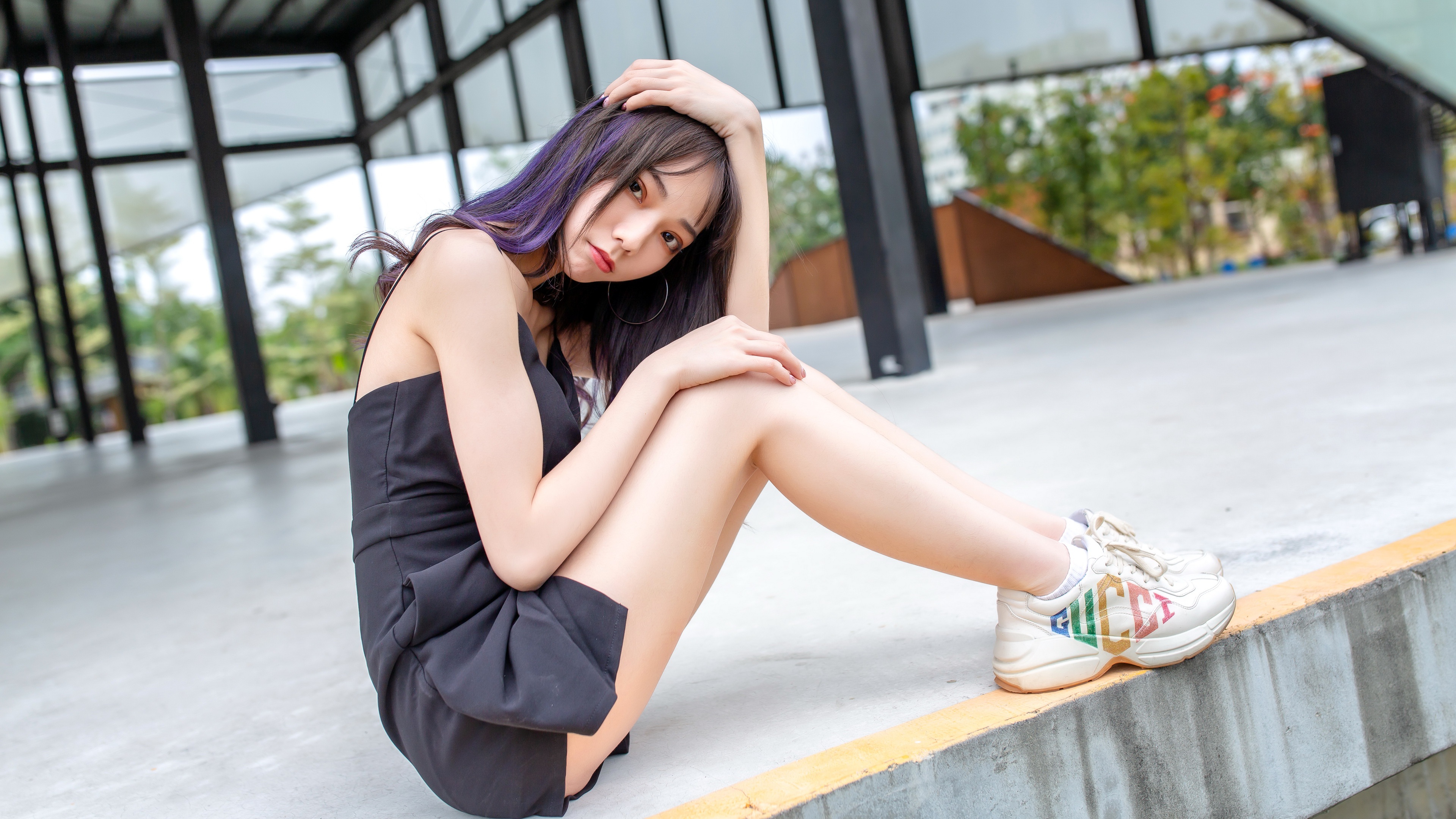 Asian Women Model Dark Hair Black Background Looking At Viewer Sneakers 3840x2160