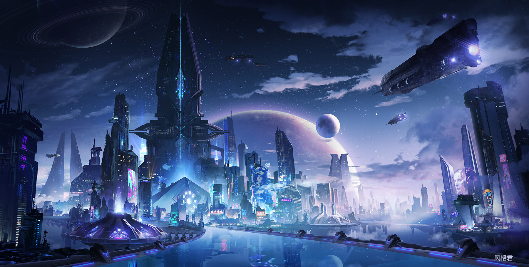 Jun Zhang Fantasy Art Digital Art Landscape Fantasy City Science Fiction Spaceship Futuristic City 1800x909
