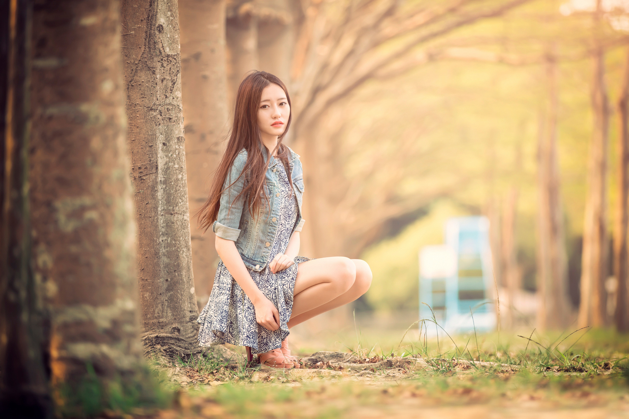 Asian Model Women Long Hair Dark Hair Forest Depth Of Field Barefoot Sandal Trees Jeans Jacket Dress 2048x1365