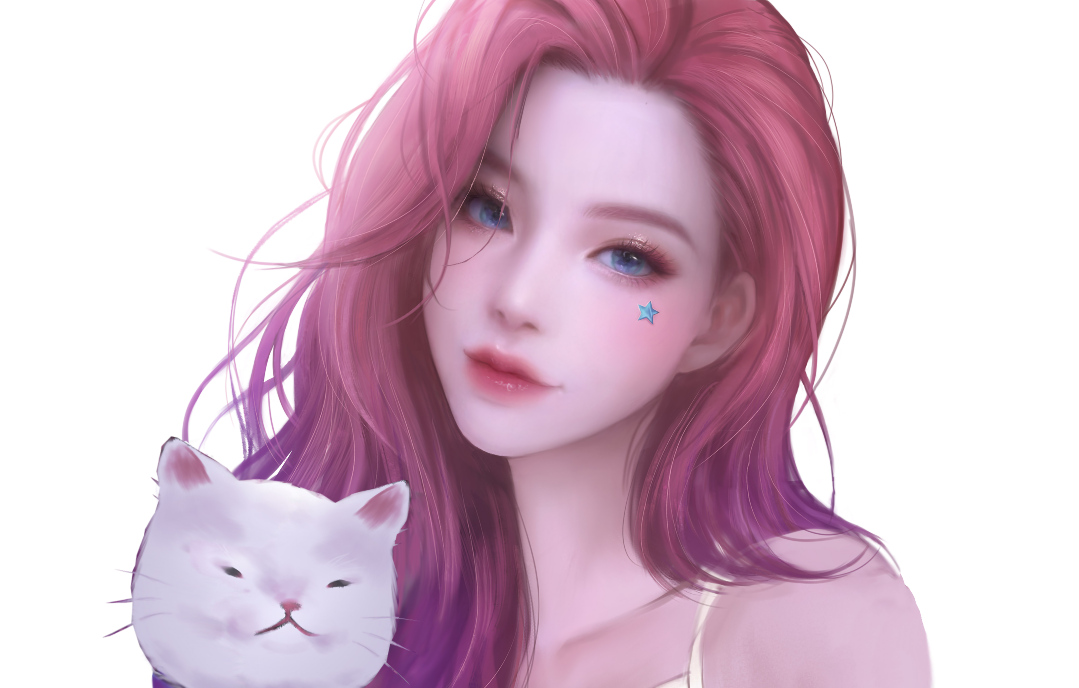 Seraphine League Of Legends Cat Girl Pink Fantasy Girl White Background Simple Background Cats 2160x1377