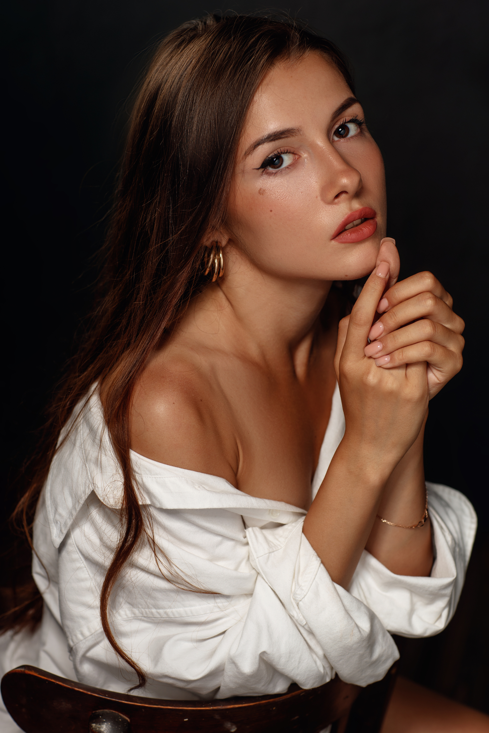 Sergey Sorokin Women Brunette Long Hair Makeup Jewelry Lipstick Parted Lips White Clothing Chair 1666x2500