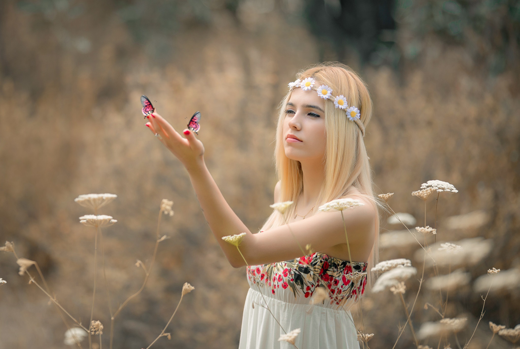 Blonde White Dress Wreath Flower Butterfly Mood Depth Of Field 2048x1374