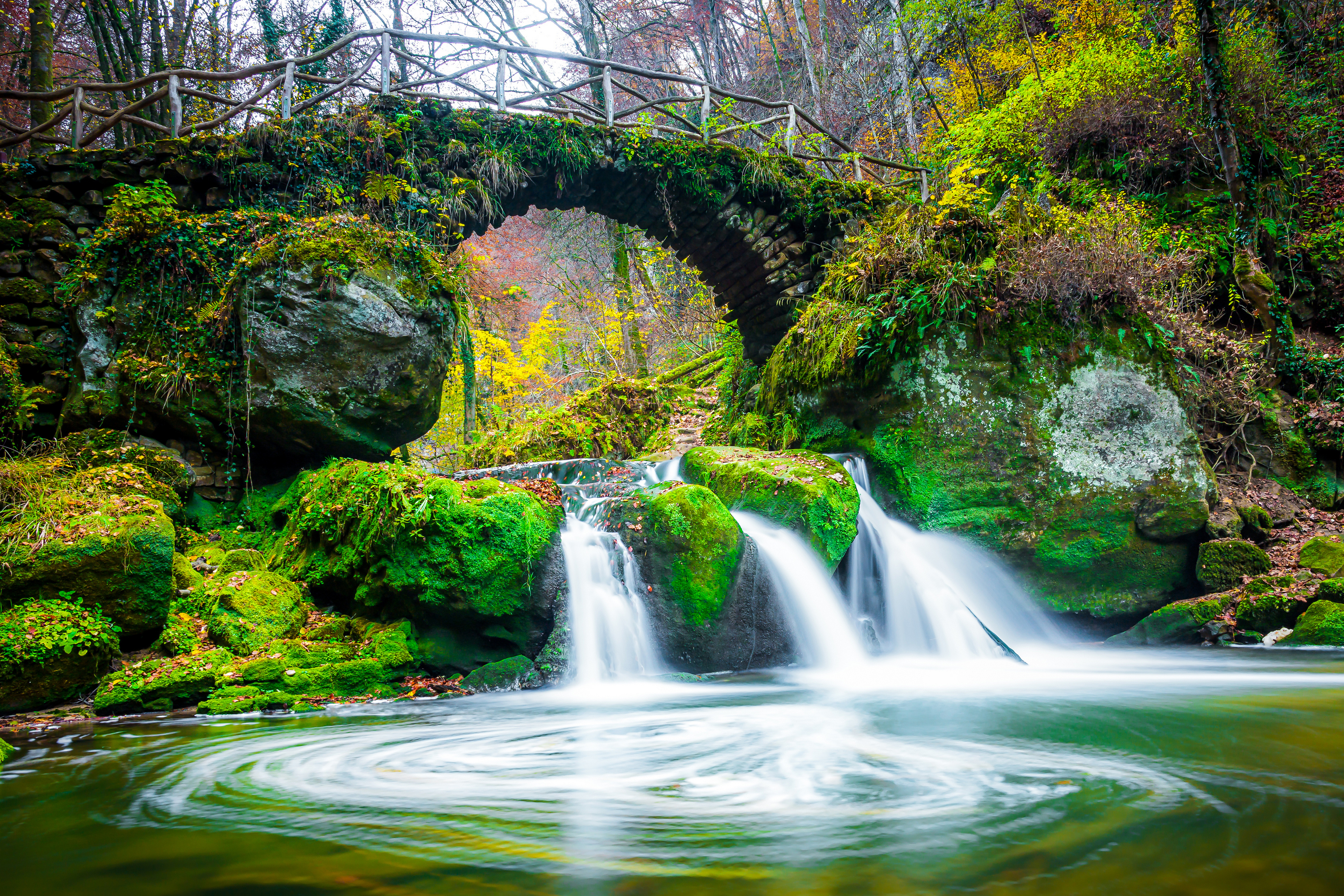 Luxembourg Bridge Waterfall Nature Moss Stones 3840x2560