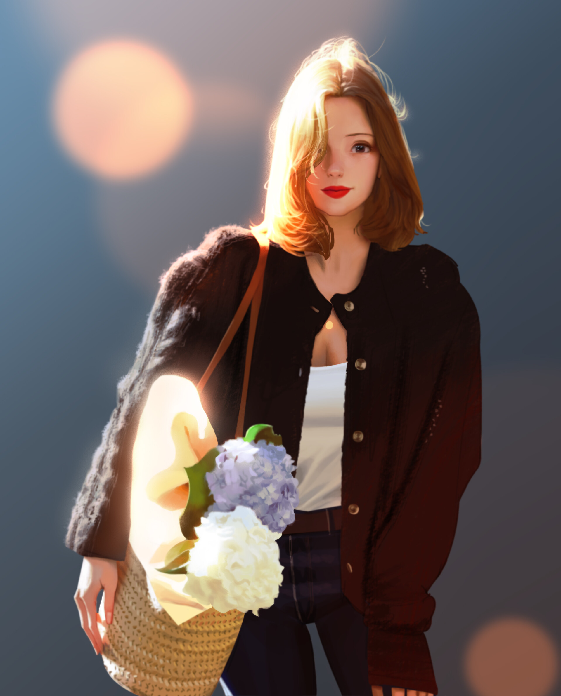 WB Lee Women Redhead Brown Eyes Sweater Black Sweater Flowers Baskets Jeans Artwork Fan Art Digital  1920x2384