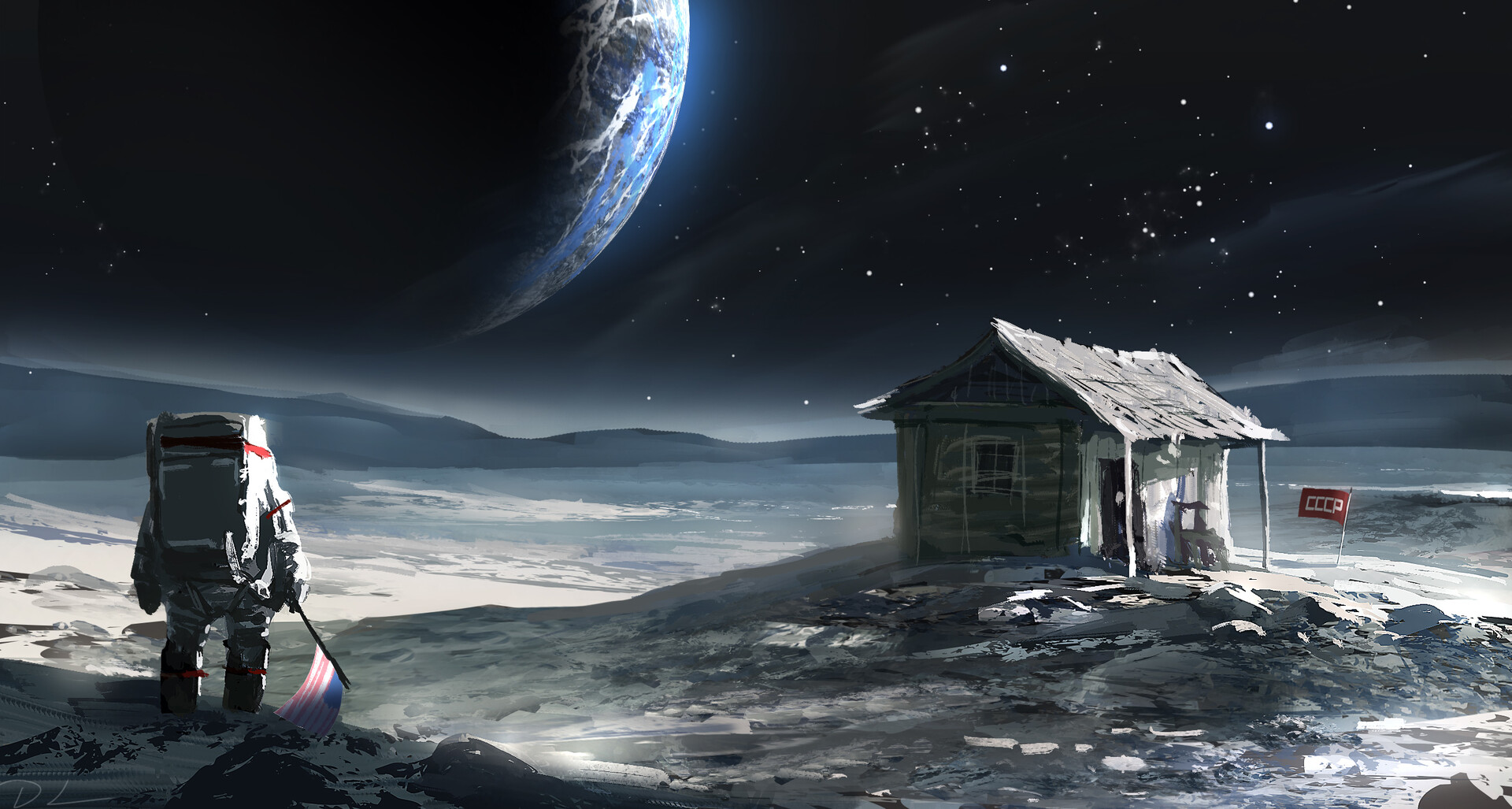 Artwork Science Fiction Humor Space Earth Planet USSR Cabin 1920x1027