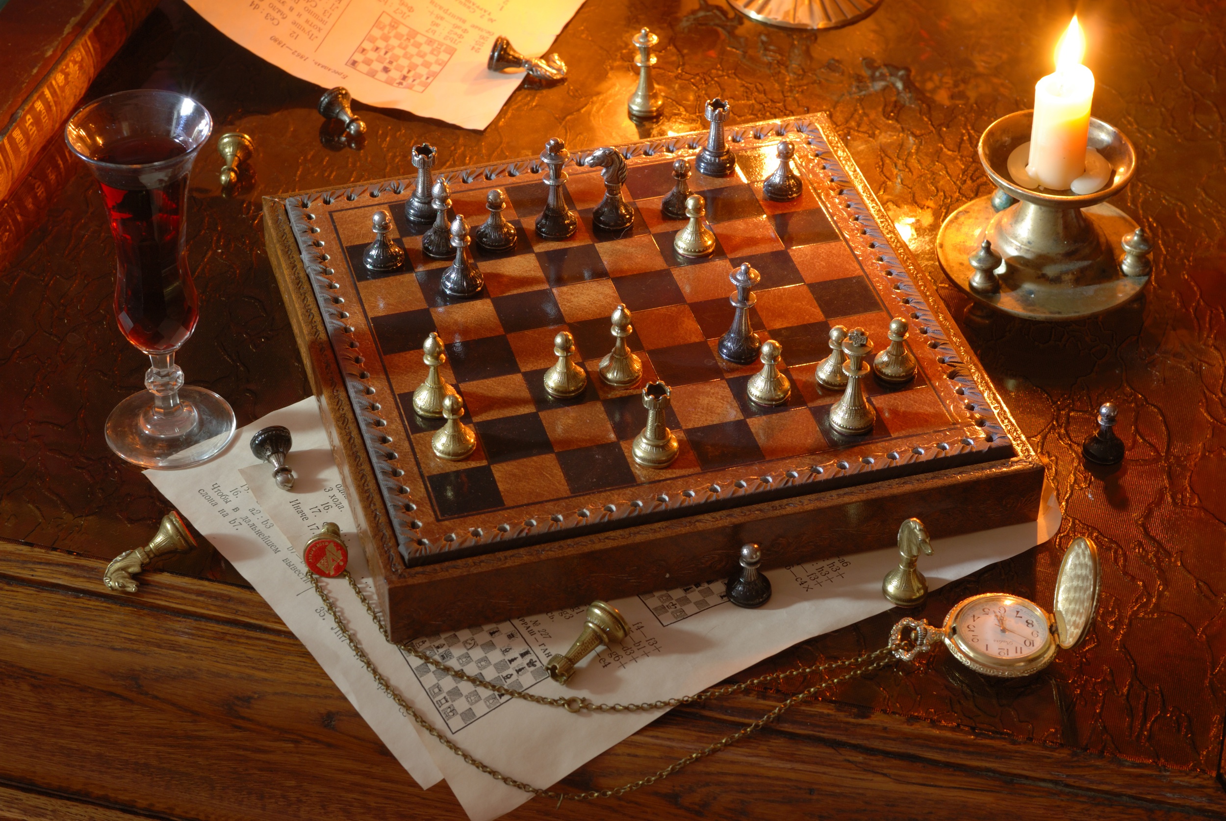Still Life Candle Pocket Watch Chess Board 2500x1674