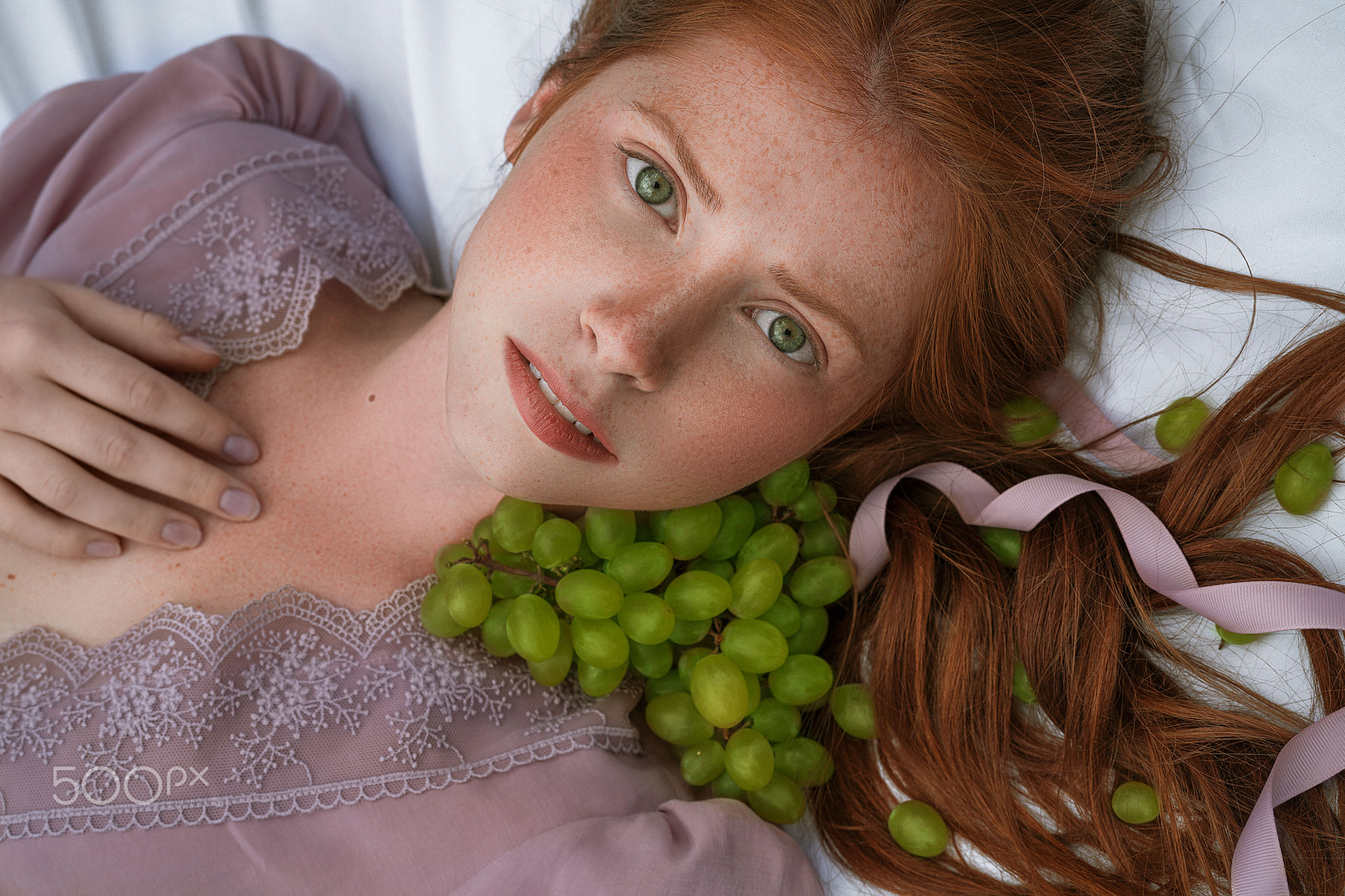 Daria Klepikova Women Redhead Freckles Frown Looking At Viewer Green Eyes Open Mouth Dress Grapes Fr 2048x1366