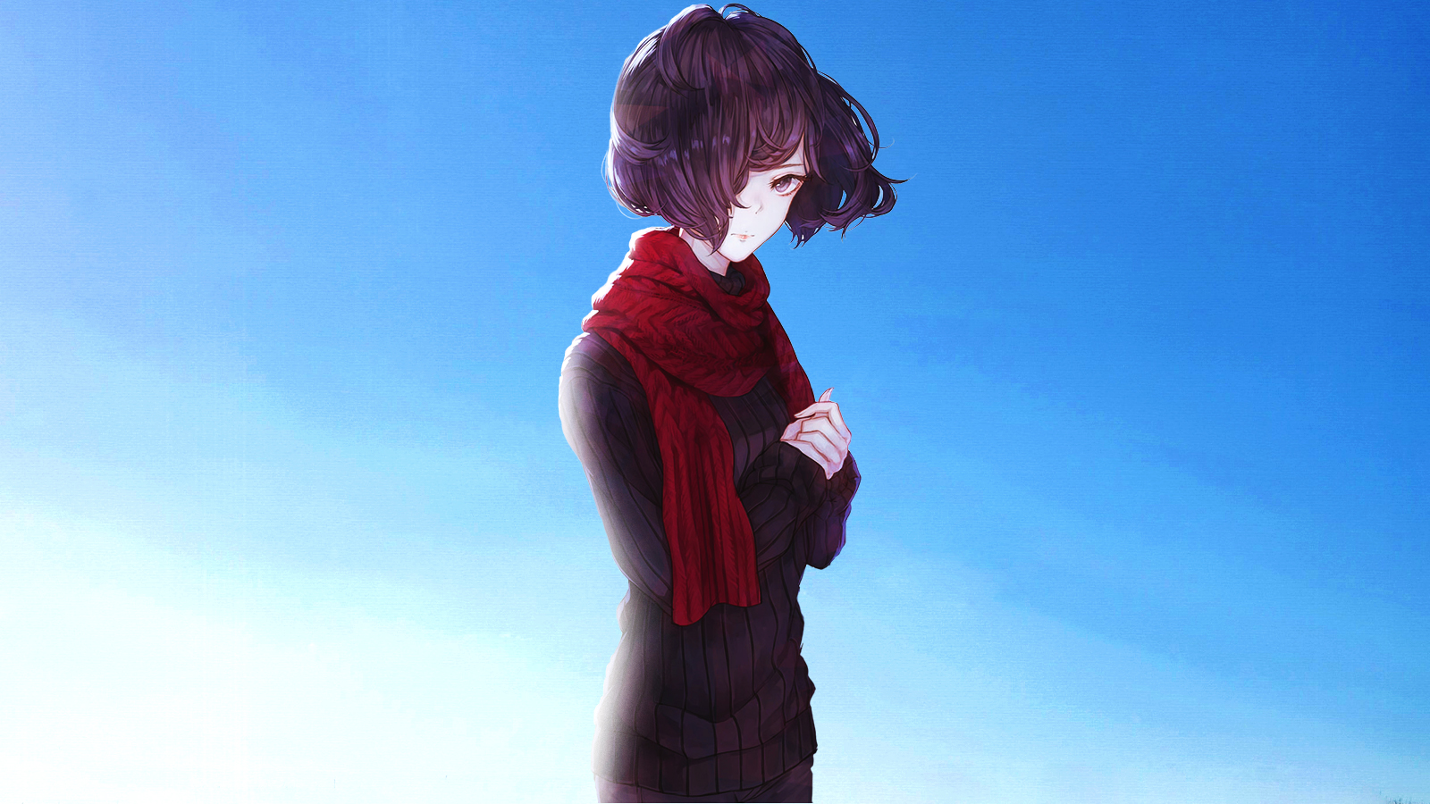 Anime Girls Sky Girl Artwork Kaoming Short Hair Scarf Sweater 1600x900
