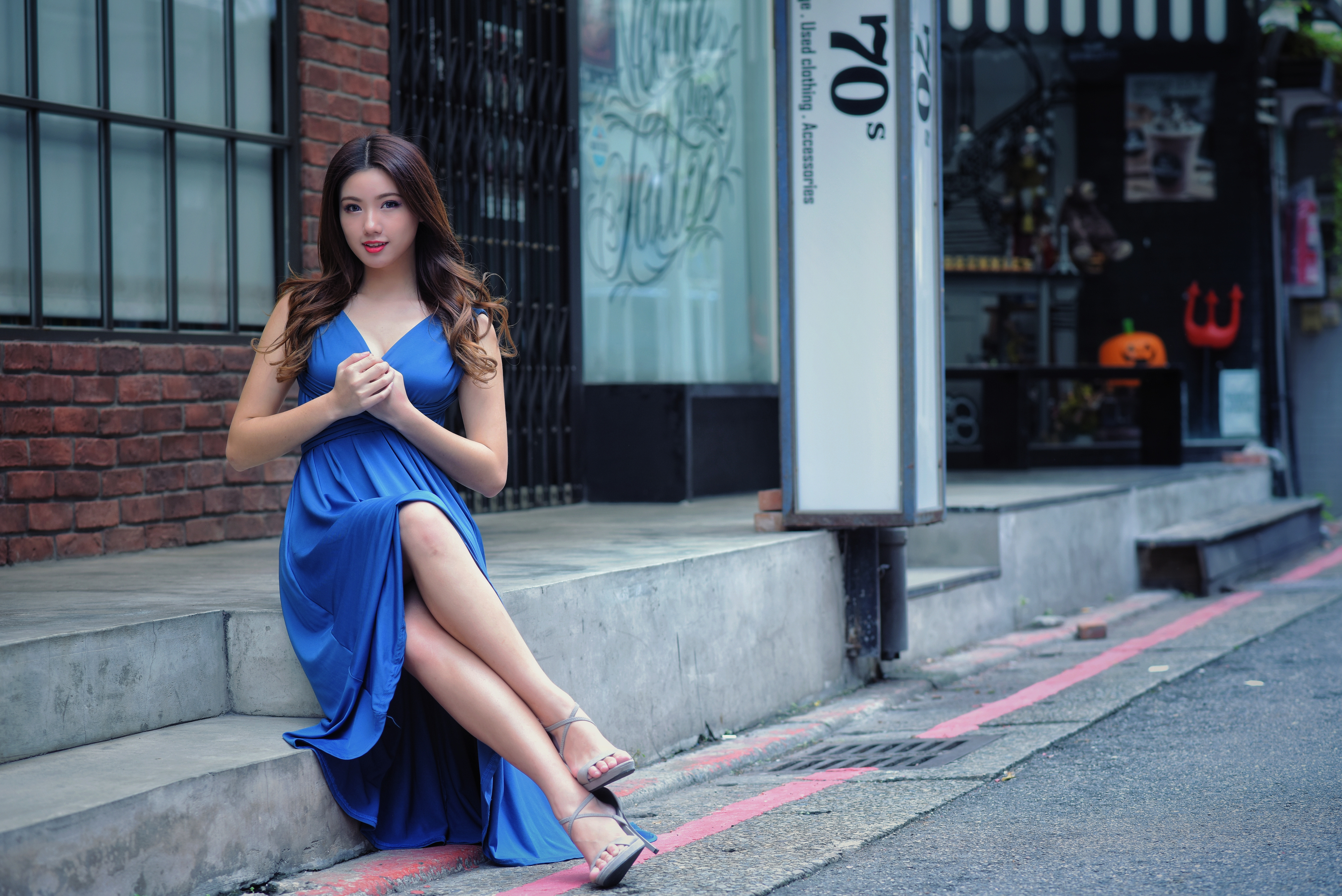 Asian in blue dress porn - 🧡 Wallpaper : women, long hair, Asian, sitting,...
