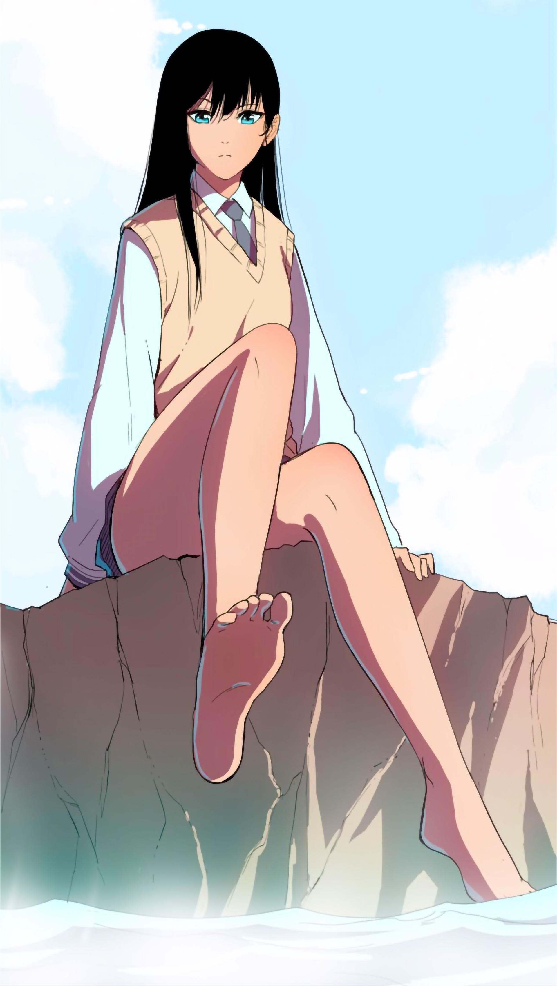 Manga Webtoon Manhwa Feet Black Hair Blue Eyes Tie School Uniform Legs Water Anime Girls 1920x3401