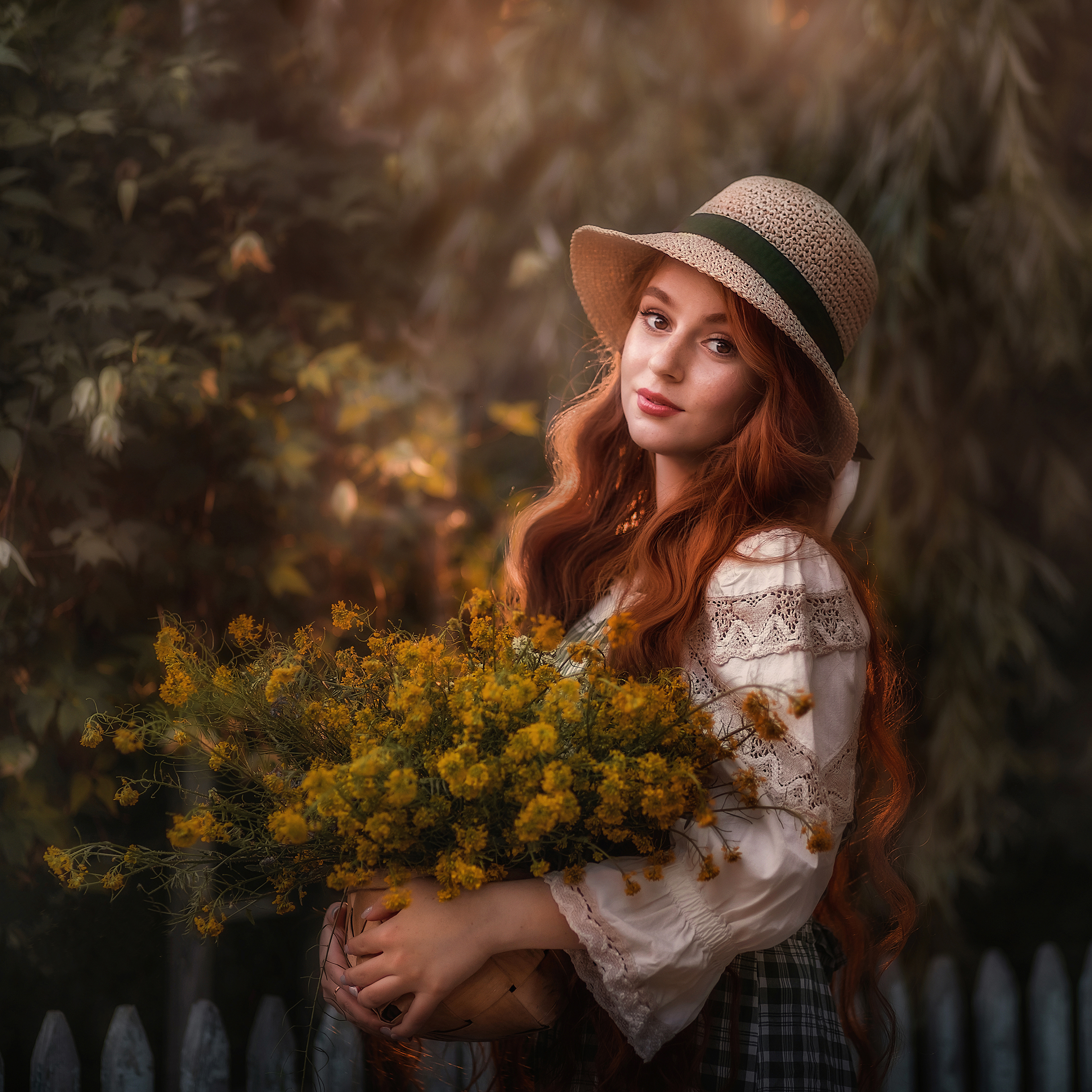 Oksana Pipkina Women Hat Redhead Long Hair Flowers Plants Fence 2362x2362