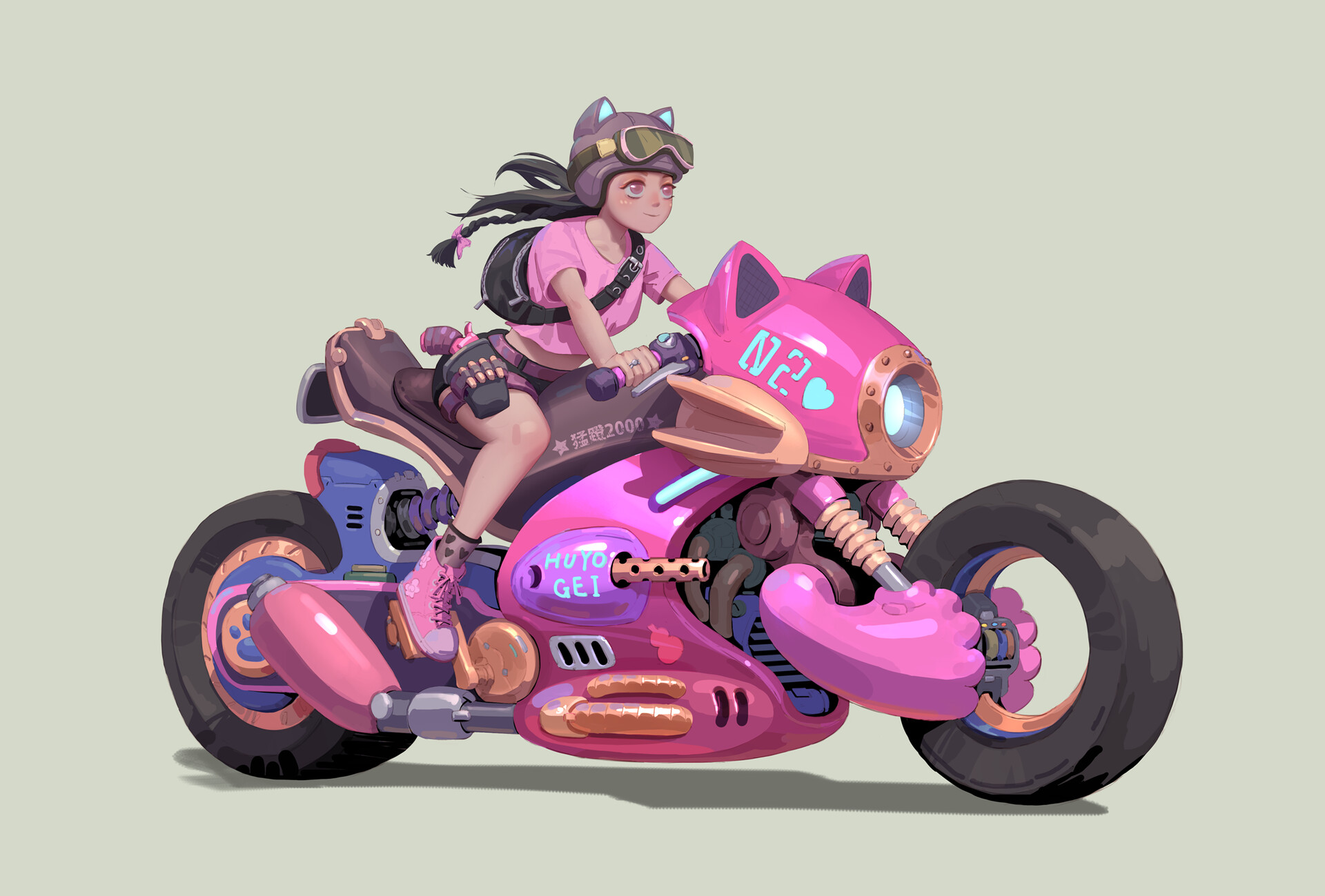Artwork Rui Zhang Motorcycle Women With Motorcycles Simple Background Pink Shoes Pink Clothing Helme 1920x1299