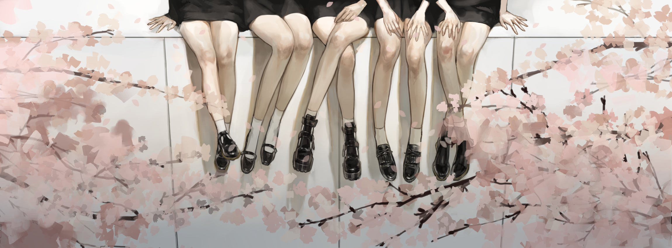 Anime Anime Girls Sakura Tree Boots Socks Sitting 2300x850