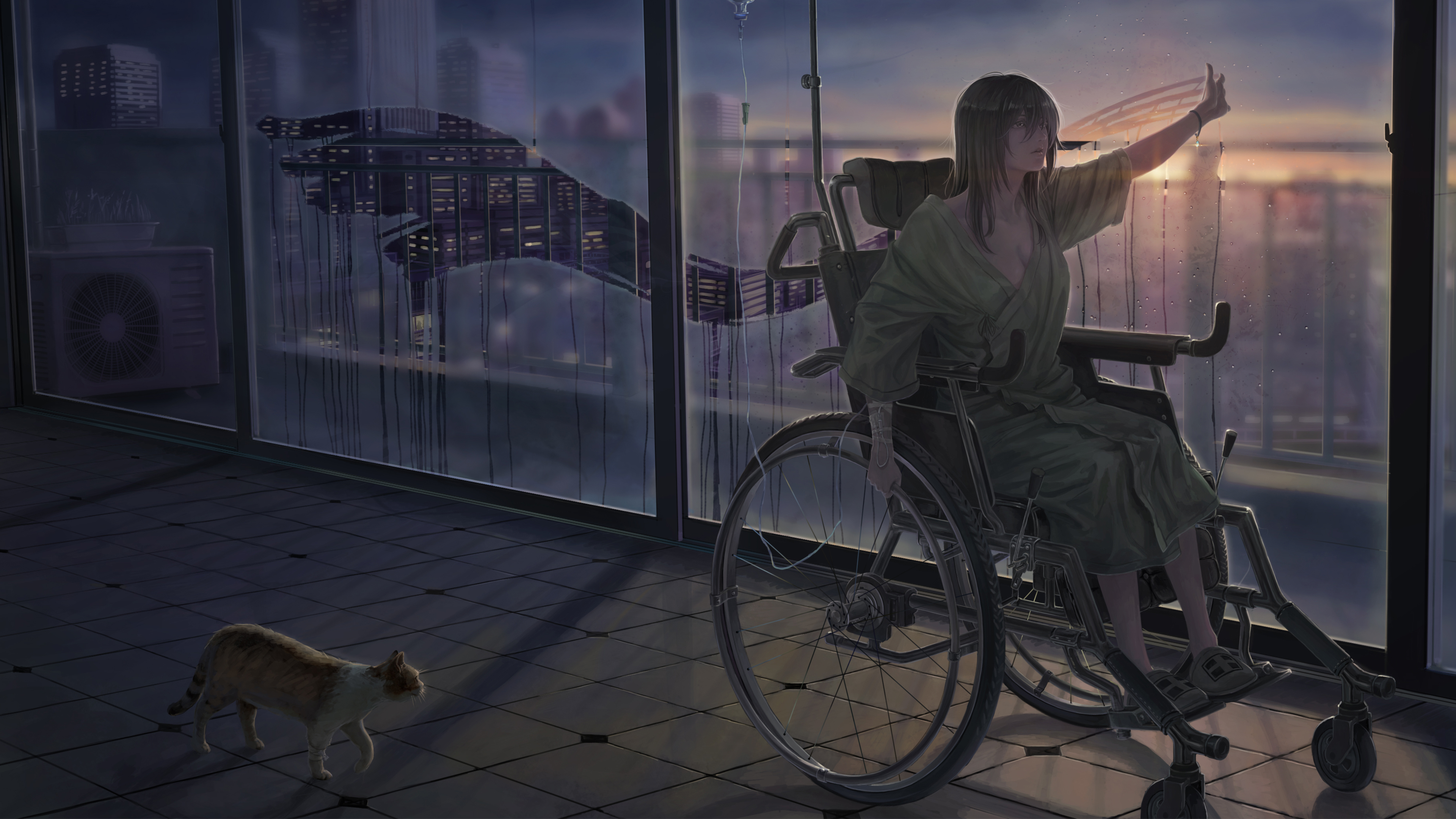 Anime Anime Girls Original Characters Artwork Namako Mikan Window Cats Wheelchair 3840x2160