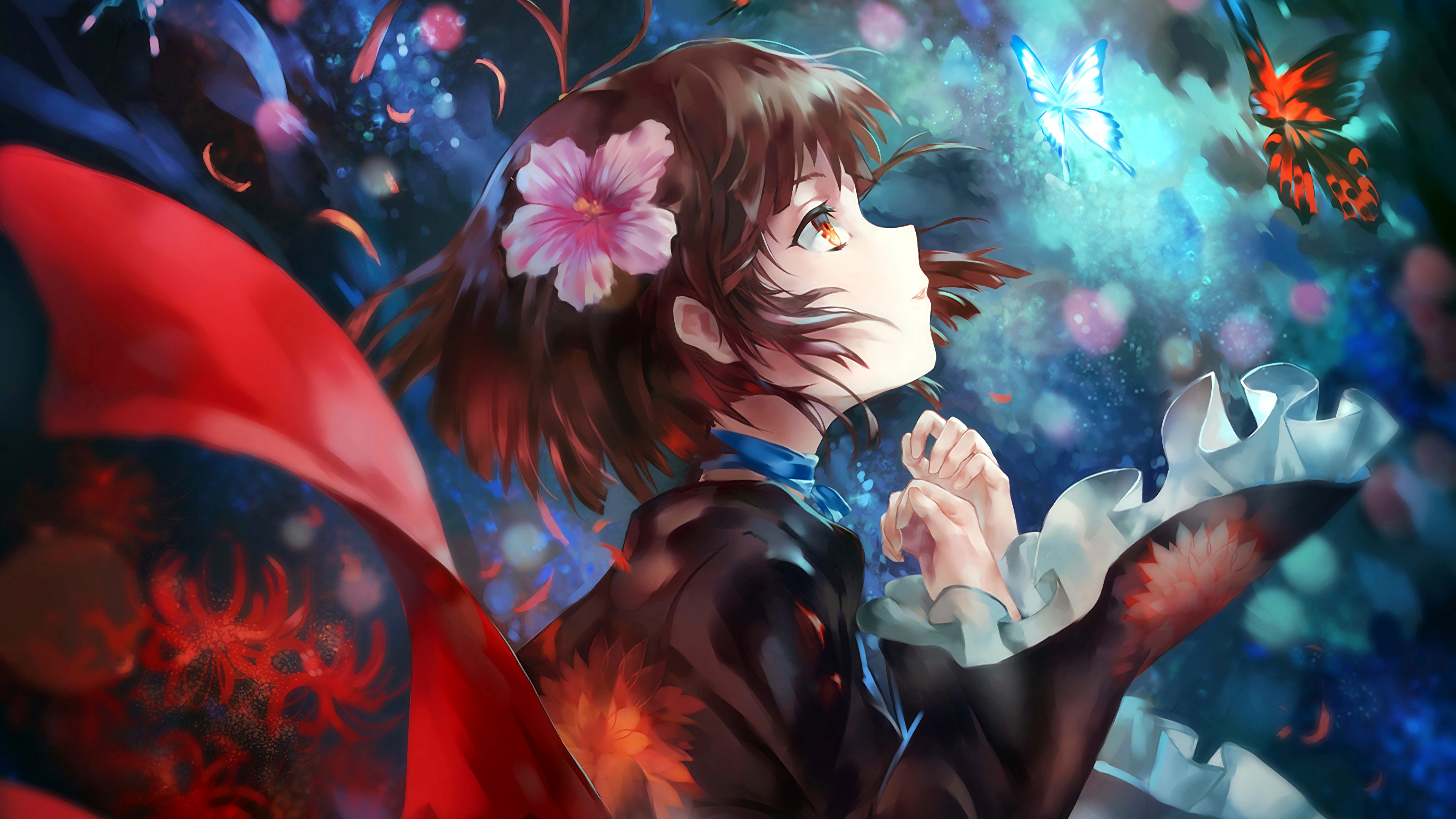 Anime Girls Flower In Hair Brunette Face Profile Anime Butterflies Animals Insect Flowers Plants Kou 3840x2160