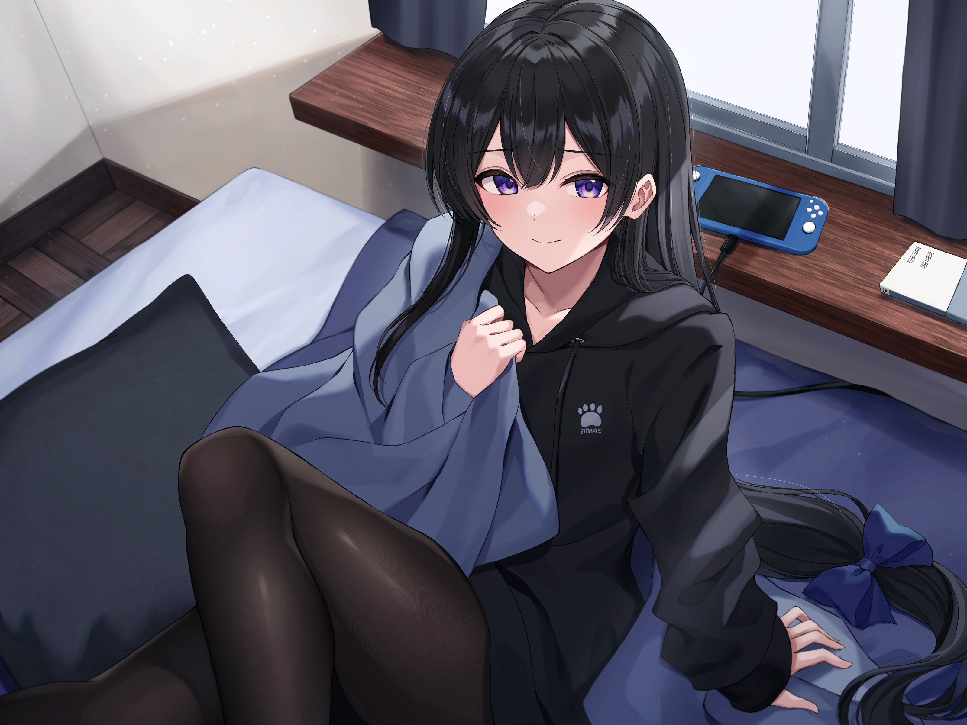 Anime Anime Girls Kurousagi Yuu Artwork Long Hair Black Hair Purple Eyes Smiling In Bed 3200x2400