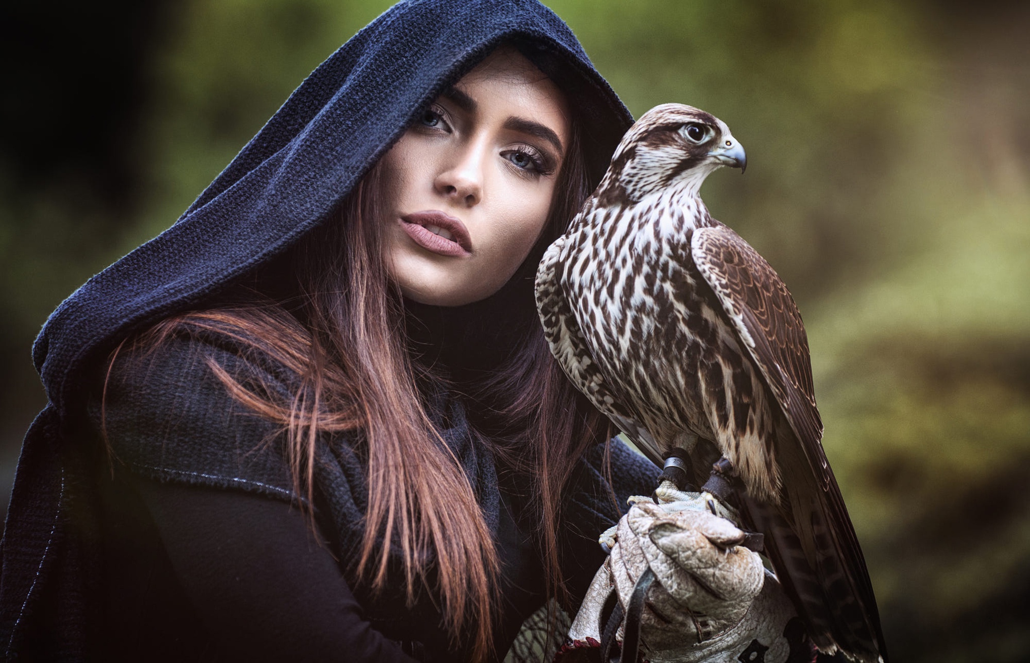 Woman Girl Bird Falcon Brunette Blue Eyes 2048x1319