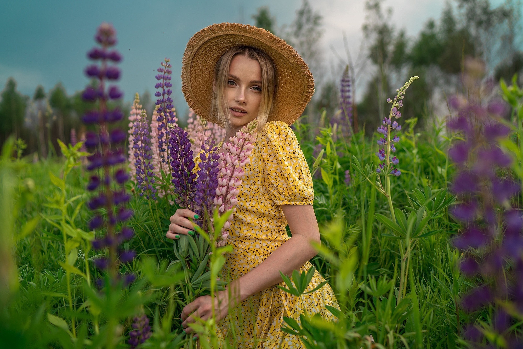 Women Outdoors Women Outdoors Flowers Flower Dress Yellow Dress Blonde Summer Lupine Looking At View 2000x1334