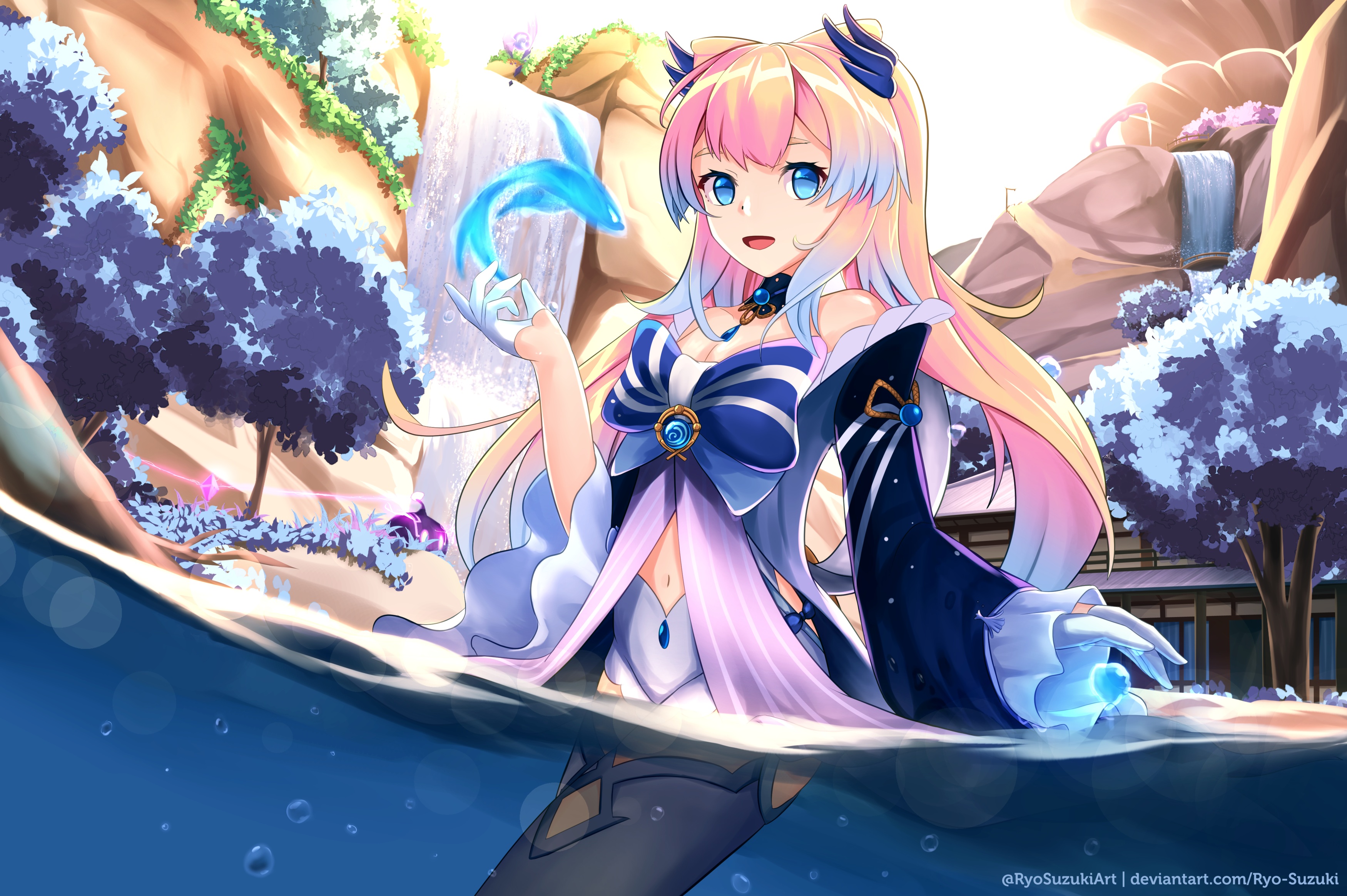 Anime Anime Girls In Water Long Hair Women Outdoors Water Multi Colored Hair Blue Eyes Genshin Impac 3500x2331