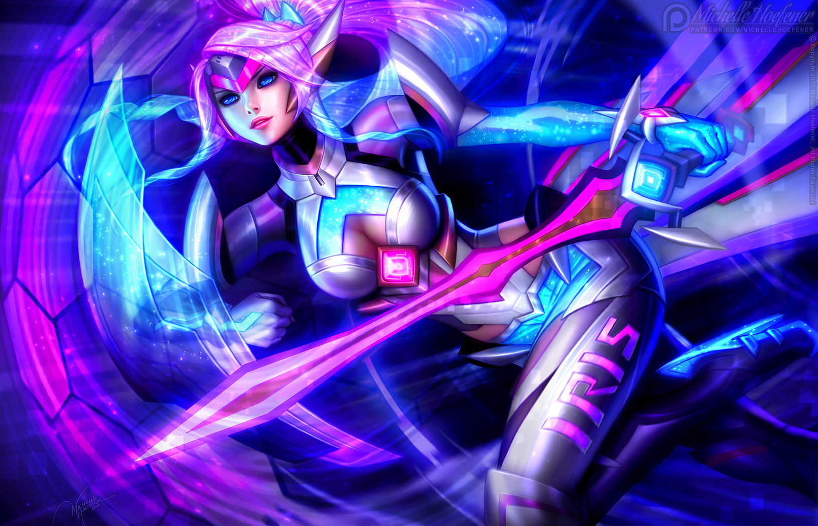 Michelle Hoefener Drawing Women Pink Hair Ponytail Blue Eyes Armor Shield Weapon Sword Pink Blue Glo 1630x1048