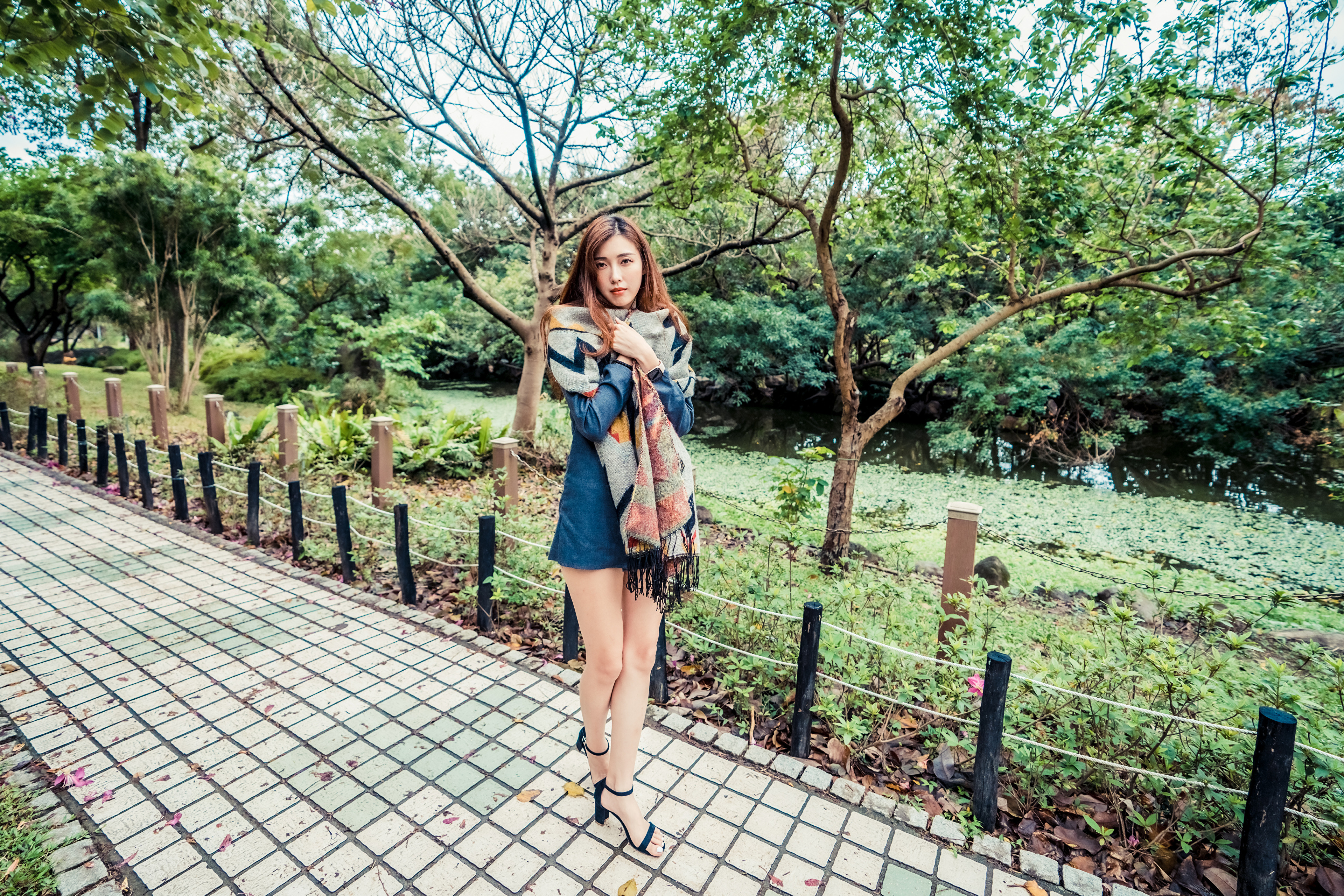 Asian Model Women Women Outdoors Long Hair Dark Hair Tiled Floor Walkway Fence Grass Trees Bushes Ba 3840x2561