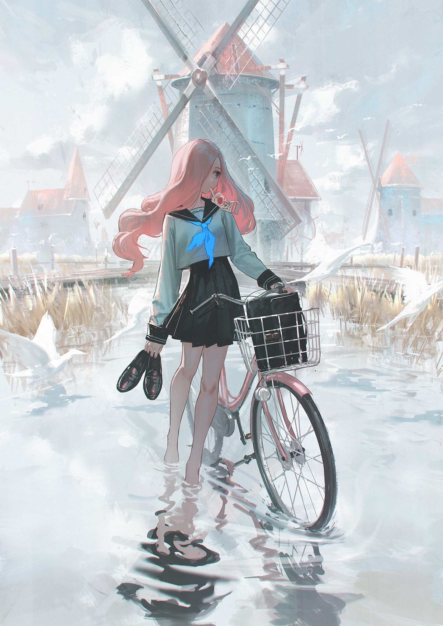 Anime Anime Girls Digital Art Artwork Vertical Portrait Display 2D Reoen Bicycle Windmill School Uni 1447x2046