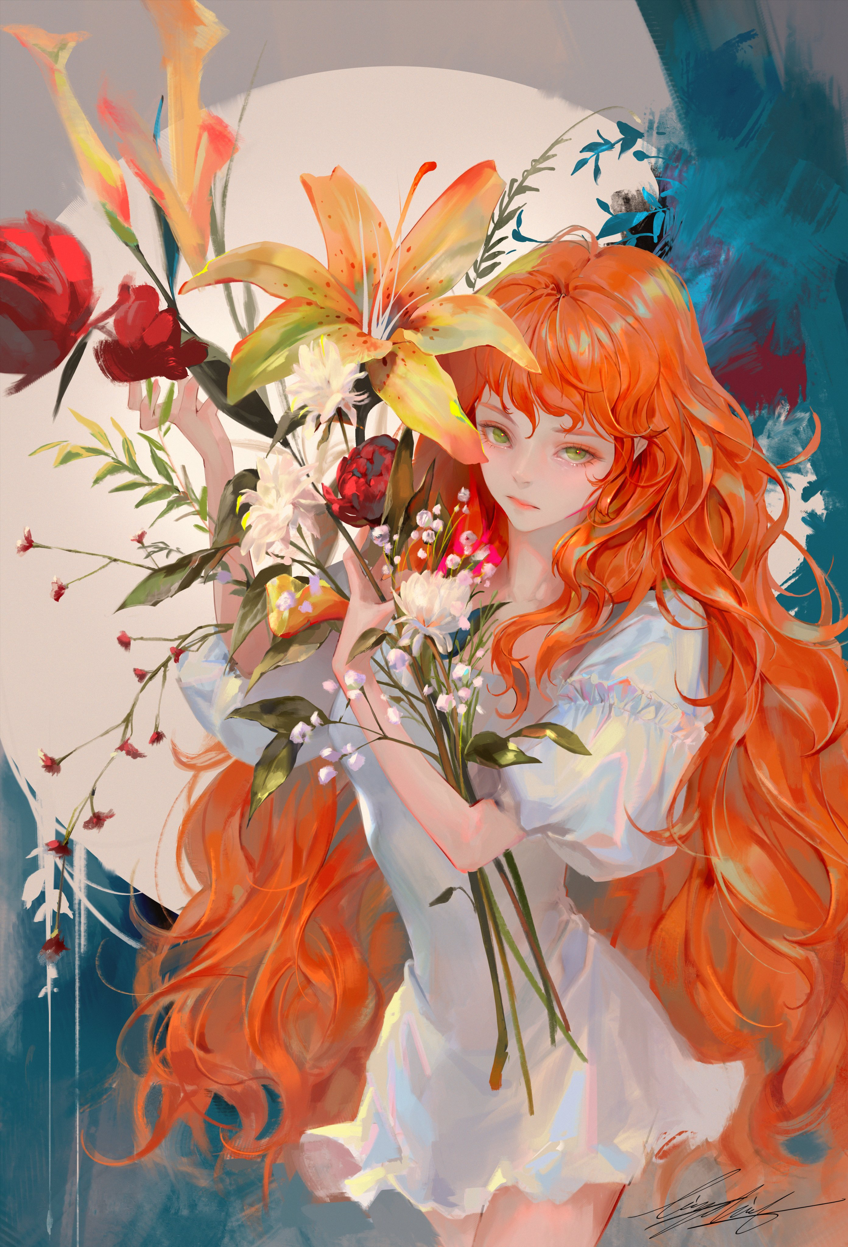 Redhead Green Eyes Bouquets Anime Girls Artwork JiNYOUNG SON 2785x4096