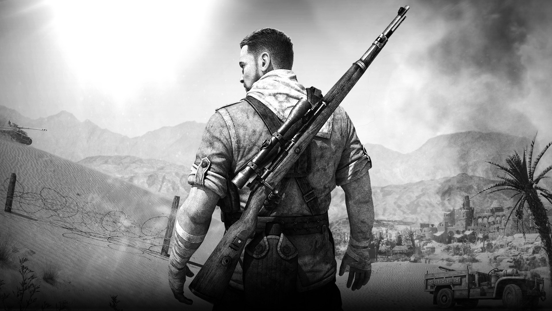 Sniper Elite 3 Sniper Rifle Video Game Characters Video Game Man Rifles Monochrome 1920x1080