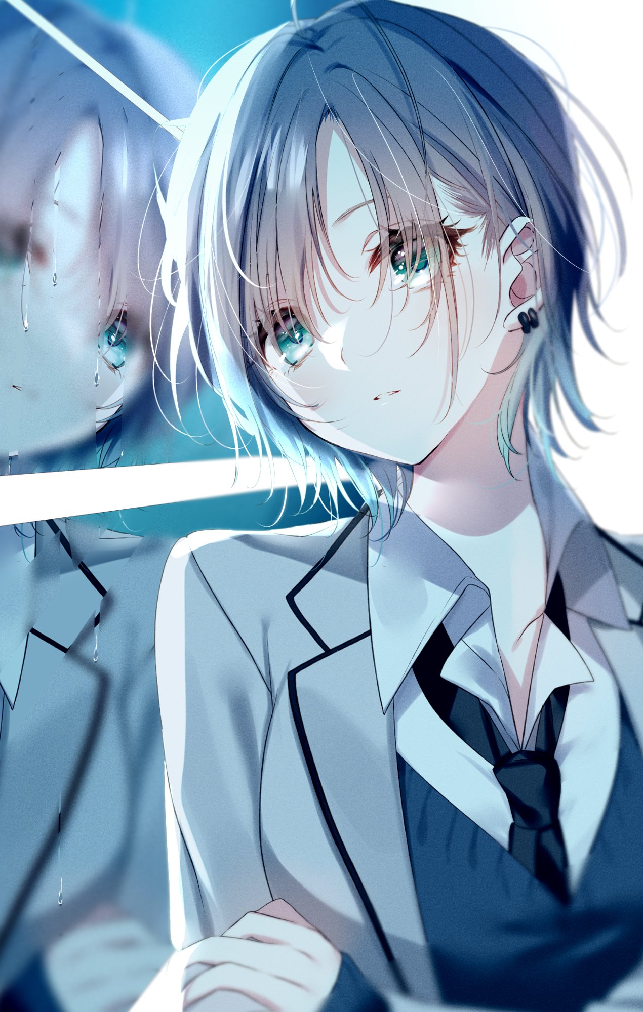 Anime Anime Girls Tie Blue Hair Shirt Earring Short Hair Green Eyes School Uniform THE IDOLM STER To 1270x2000