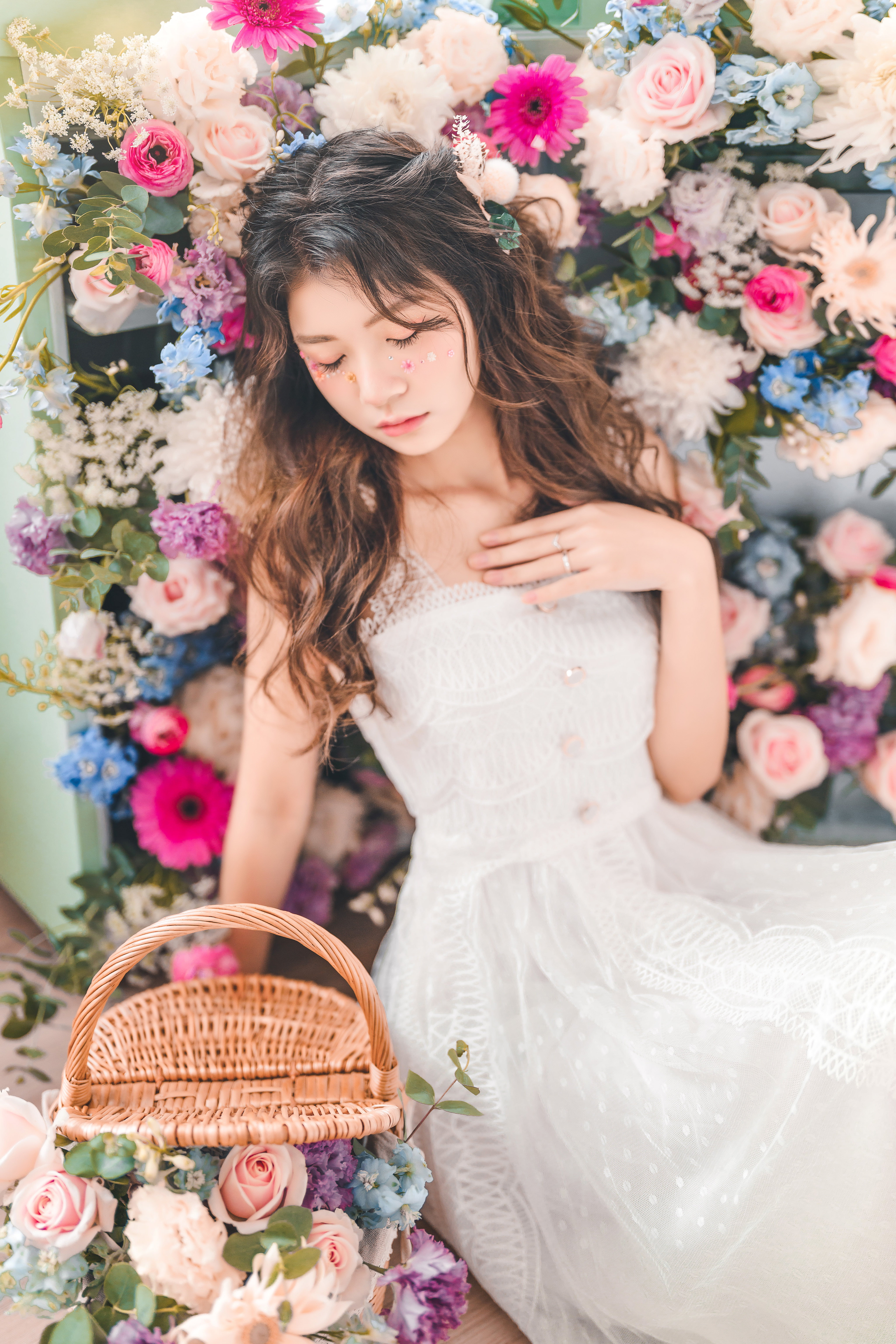 Asian Women Model Brunette Flowers Plants Closed Eyes Baskets Long Hair White Dress Dress White Clot 4098x6144