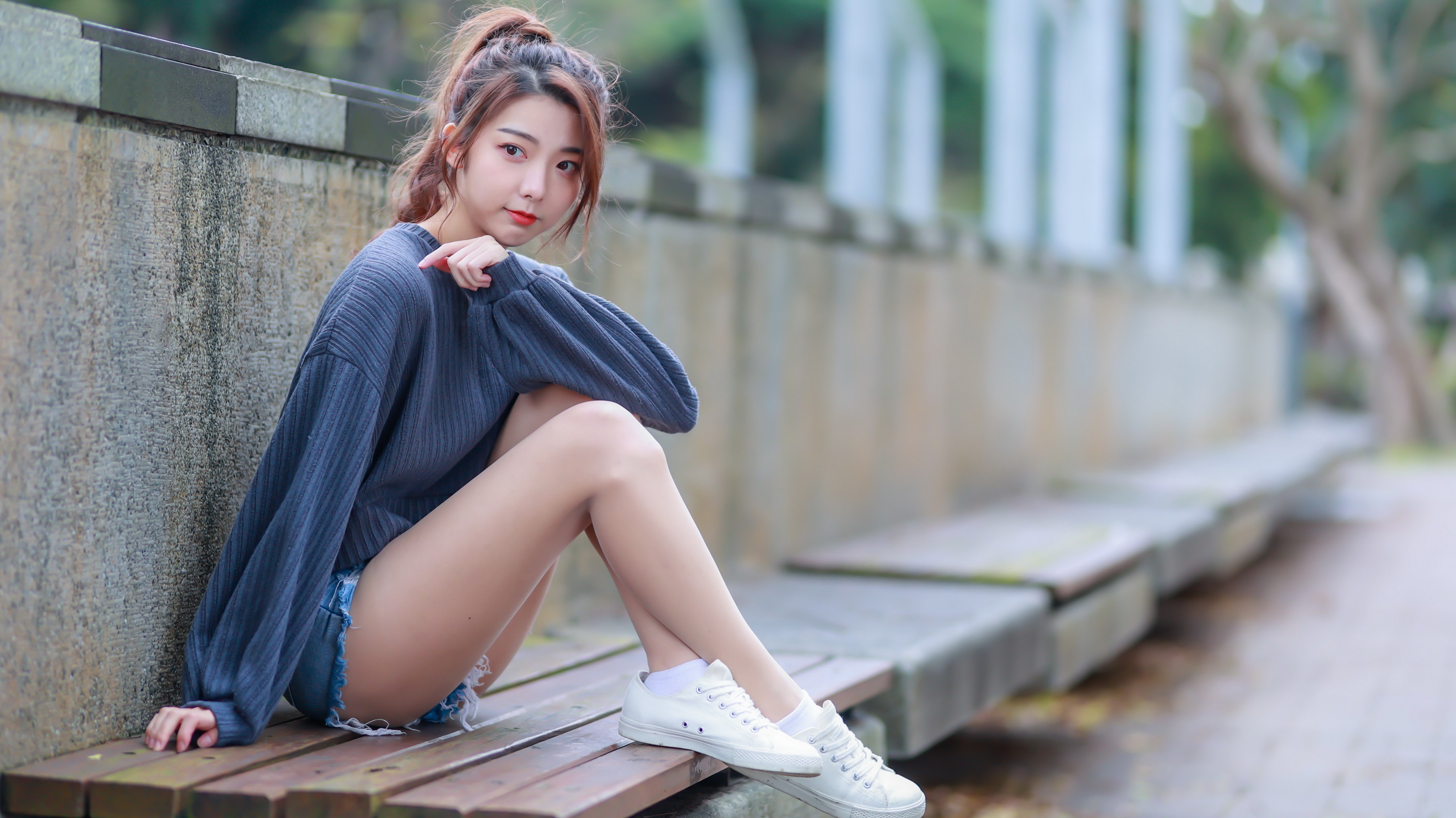 Asian Model Women Outdoors Outdoors Sitting Makeup Red Lipstick Sweater Blue Sweater Legs White Shoe 3840x2160