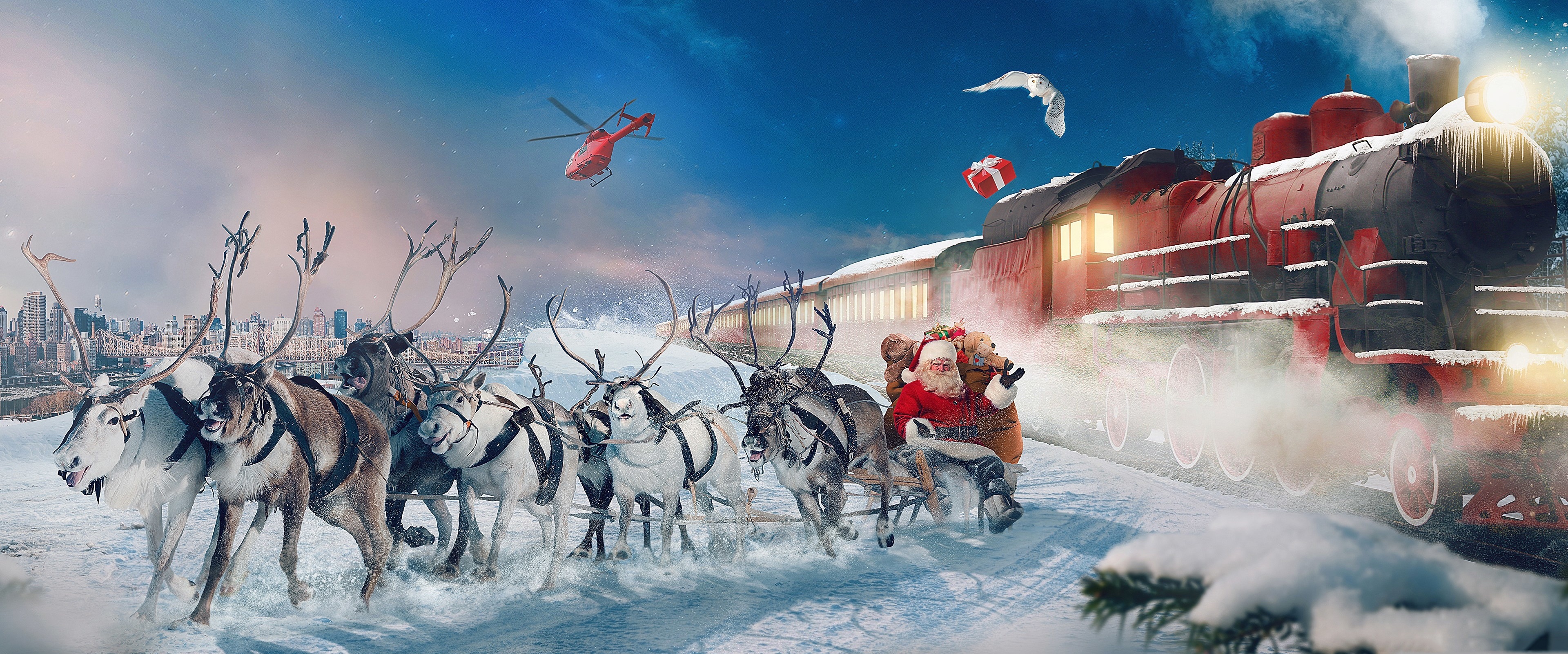 Reindeer Santa Sleigh Train Winter 3840x1600