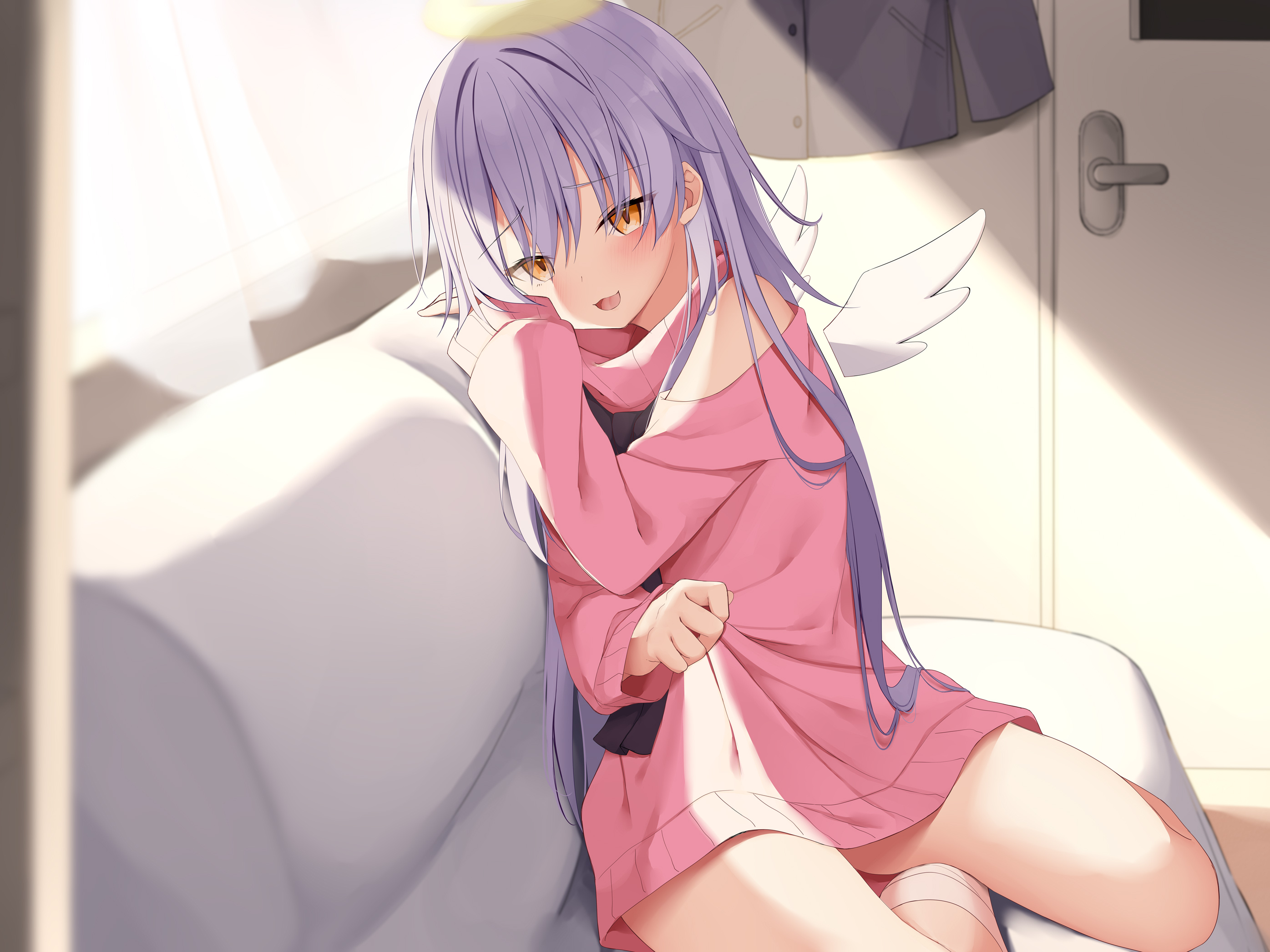 Anime Anime Girls Purple Hair Sitting Women Indoors Indoors Long Hair Orange Eyes Wings Sweater 2791x2093