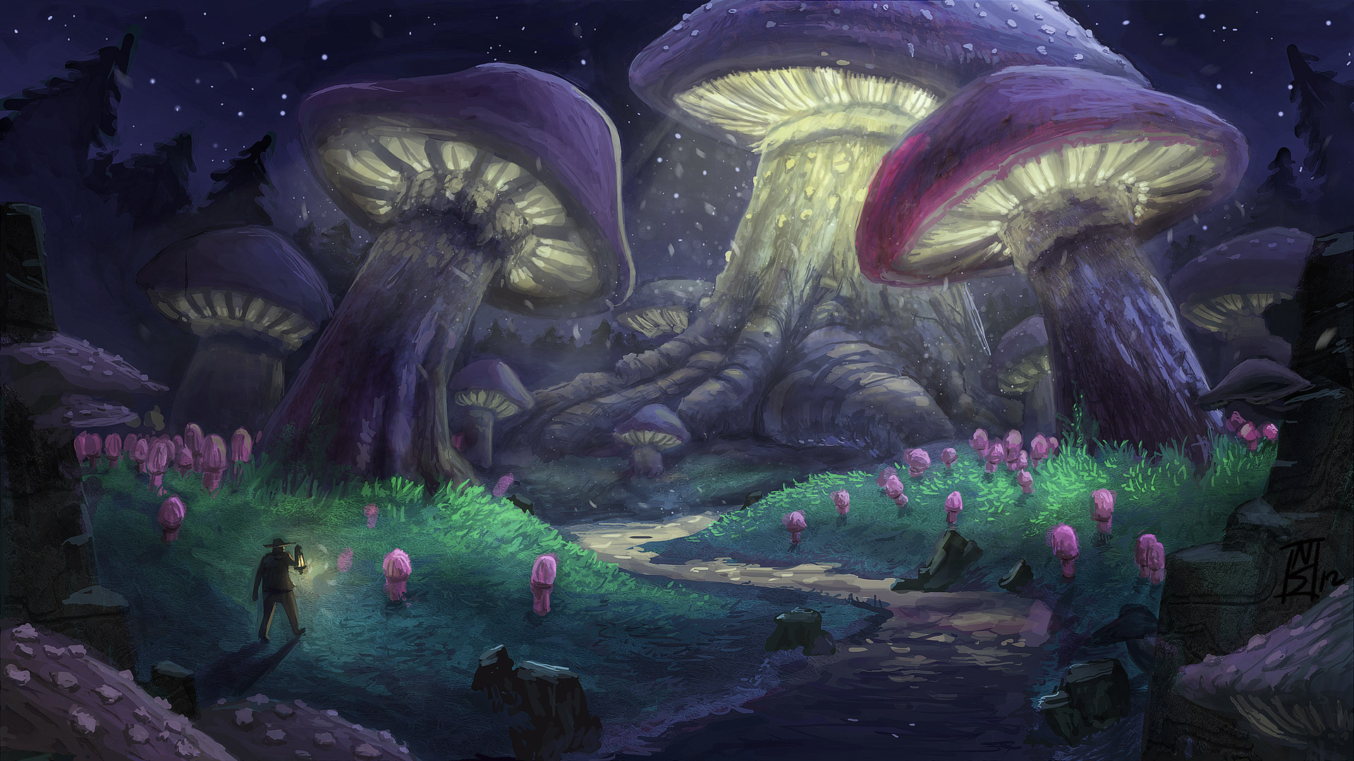 Artistic Fantasy Forest Mushroom Night Purple 1920x1080