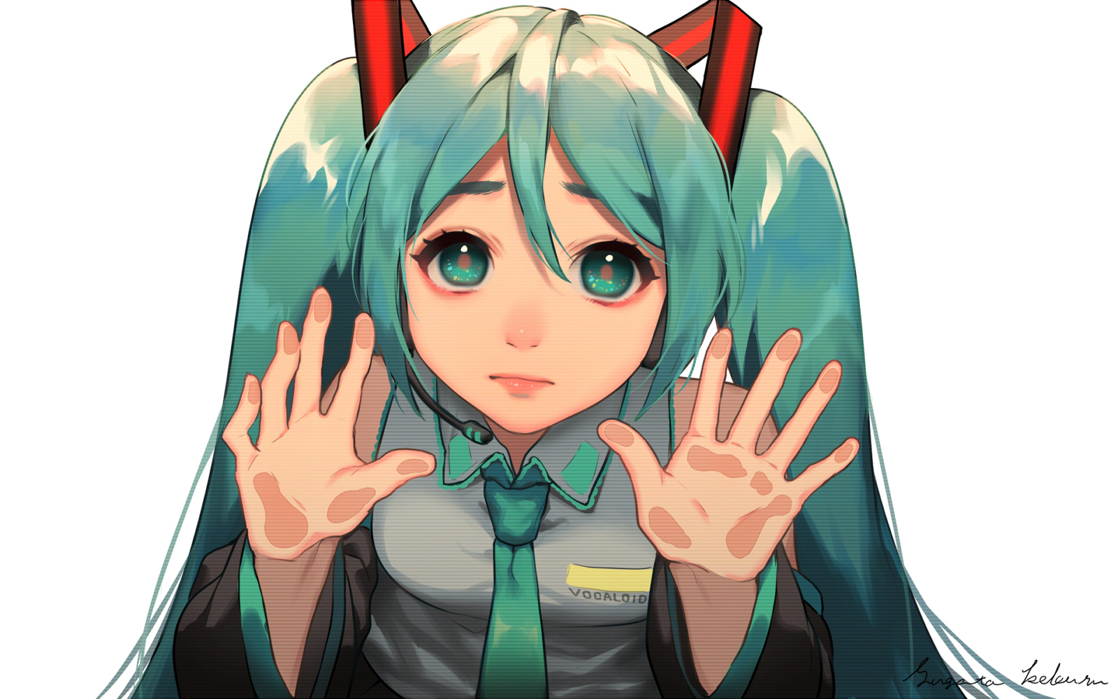Anime Anime Girls Vocaloid Hatsume Miku Green Hair Green Eyes Long Hair Tie Hands Looking At Viewer  1600x1000