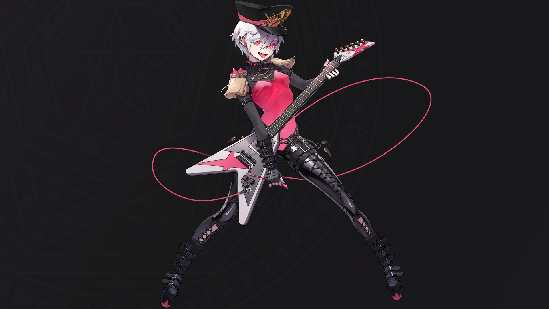 Guitar Anime Girls Hat Boots Red Eyes 1920x1080