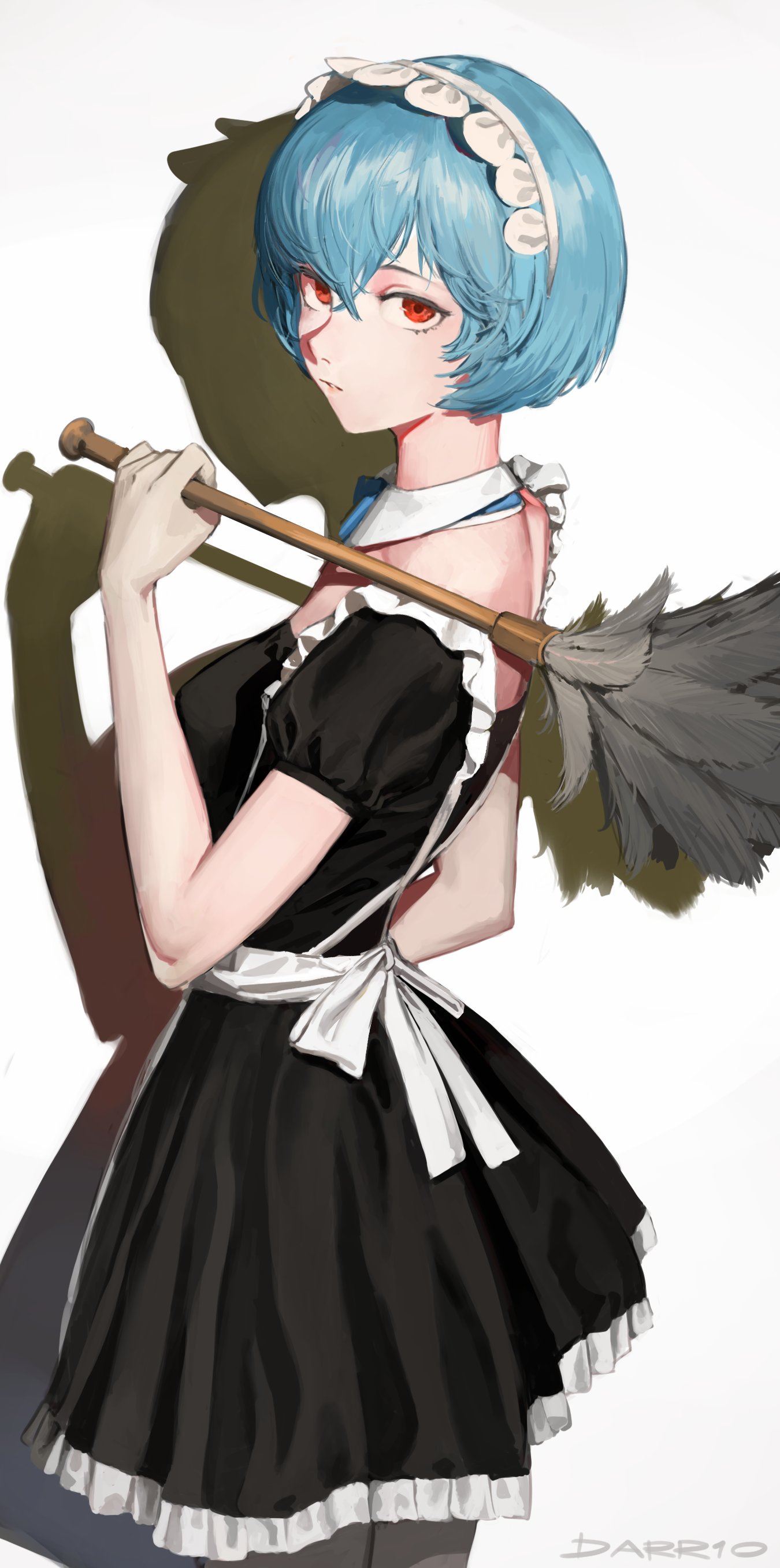Darrio Maid Ayanami Rei Illustration Looking At Viewer Red Eyes Blue Hair Short Hair Maid Outfit Ani 1350x2716