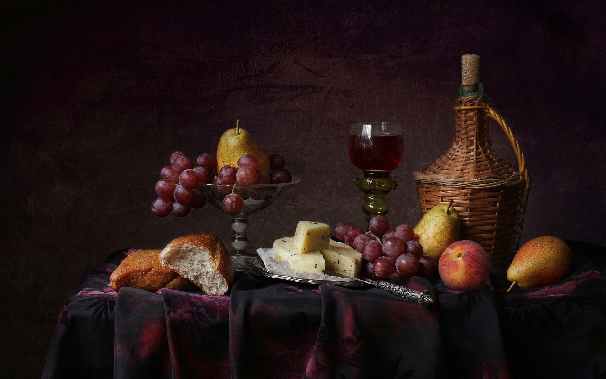 Wine Glass Cheese Bread Grapes Fruit Pear Peach Bottle 2048x1282