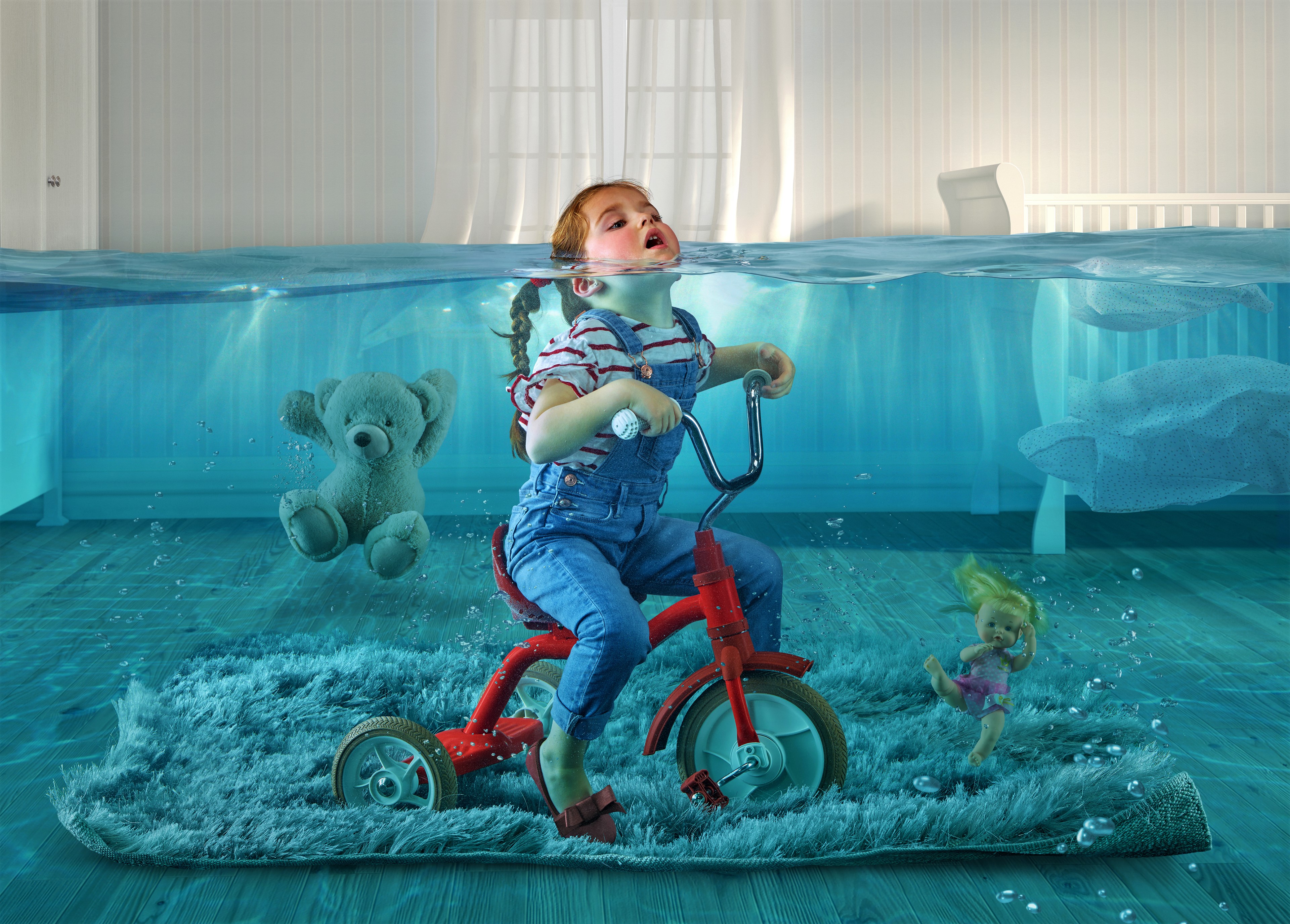 Dream Doll Little Girl Teddy Bear Tricycle Water 3840x2752