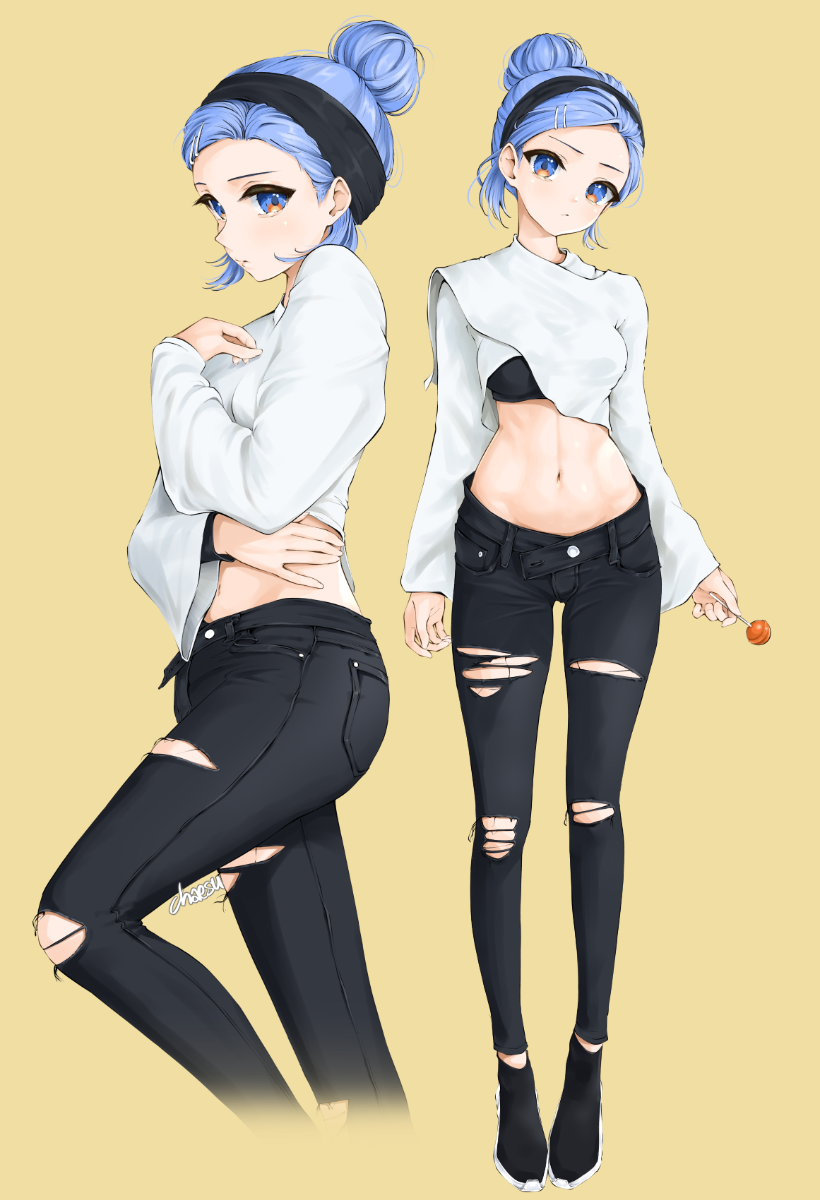 Anime Anime Girls Digital Digital Art 2D Purple Hair Black Pants Torn Jeans Chaesu 1161x1700