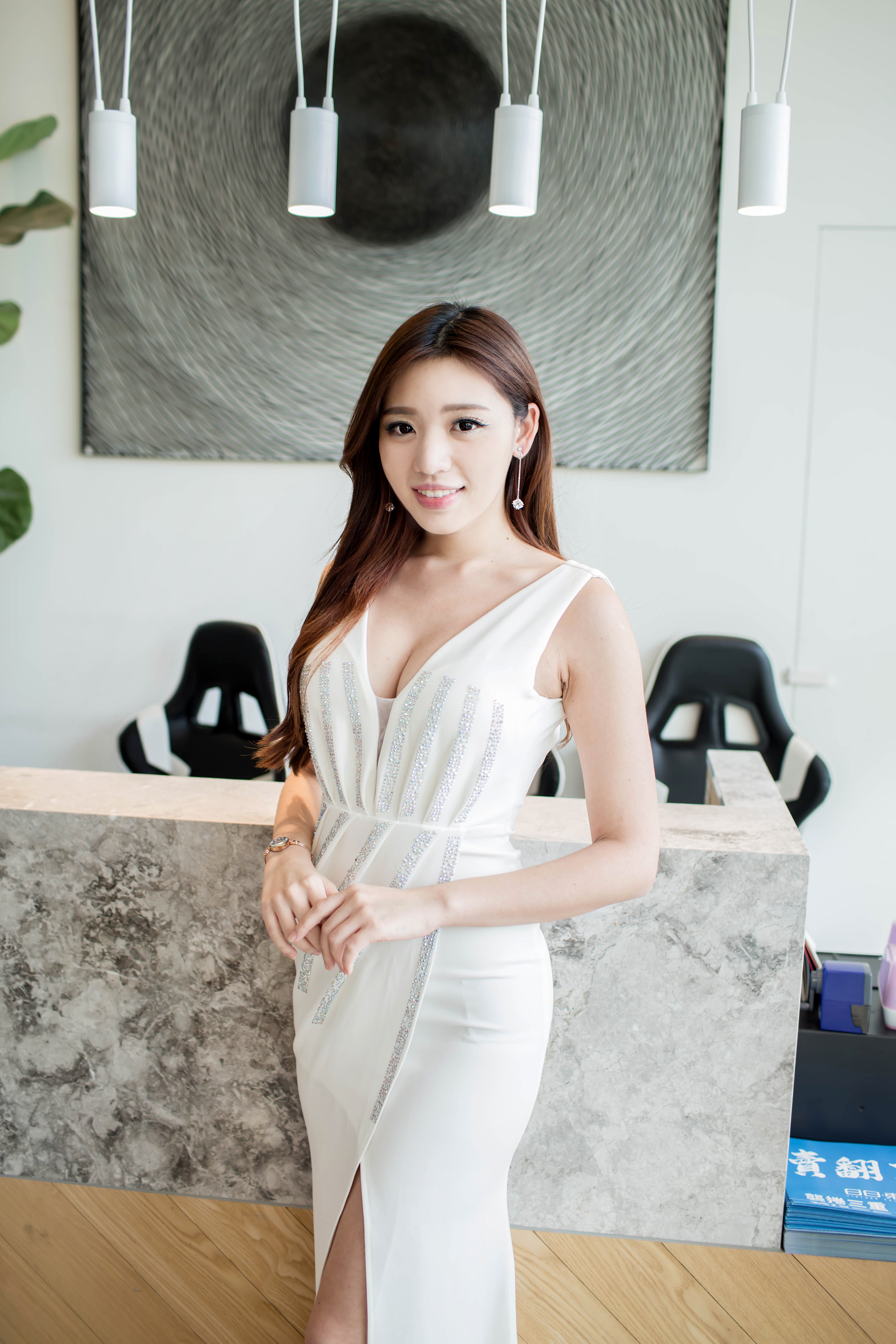 Asian Brunette Women Model White Dress Smiling Long Hair Women Indoors Portrait Display Looking At V 2560x3840