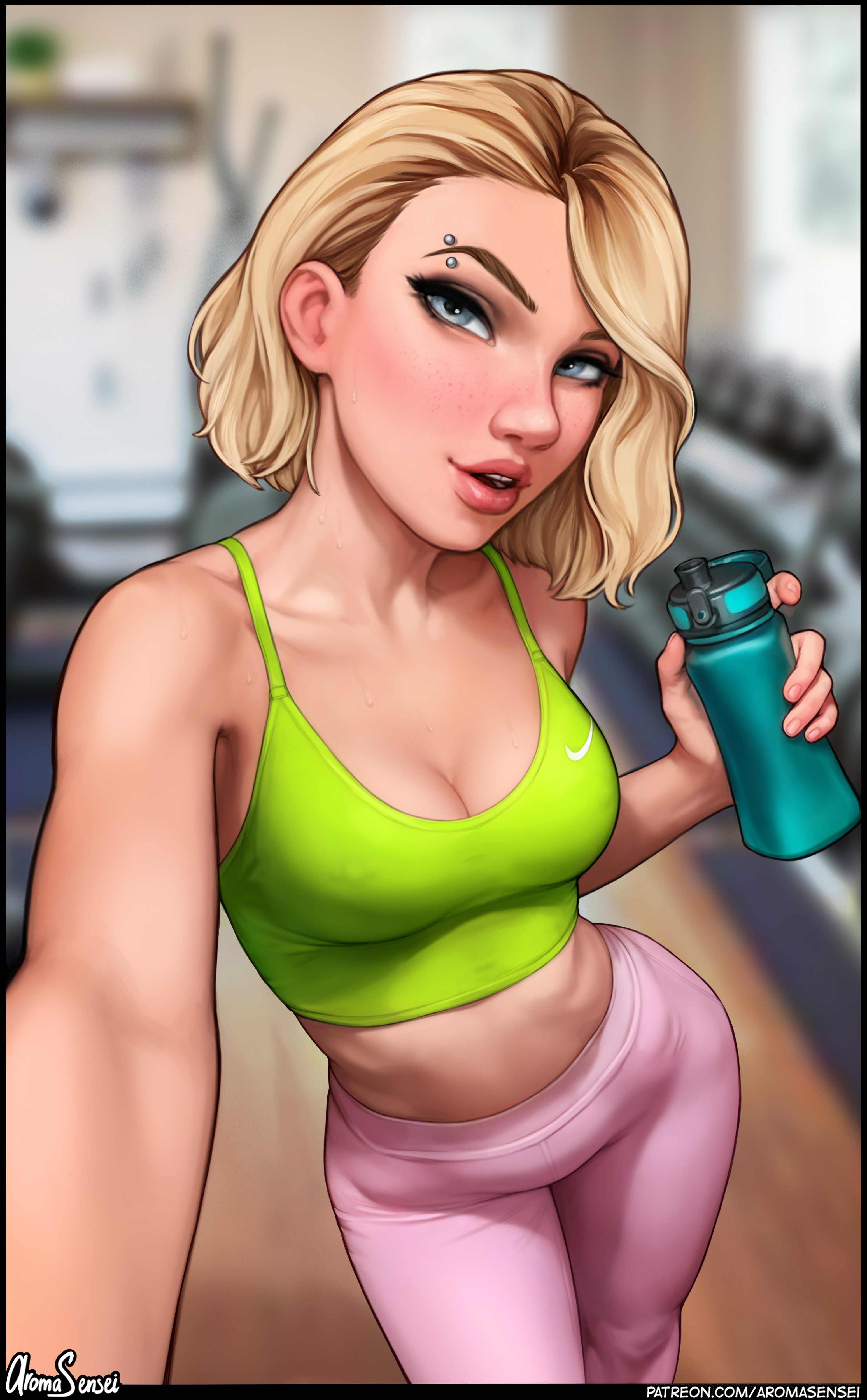 Gwen Stacy Marvel Comics Blonde Gym Clothes Green Top Pierced Eyebrow Parted Lips Freckles Selfies 2 3096x5000