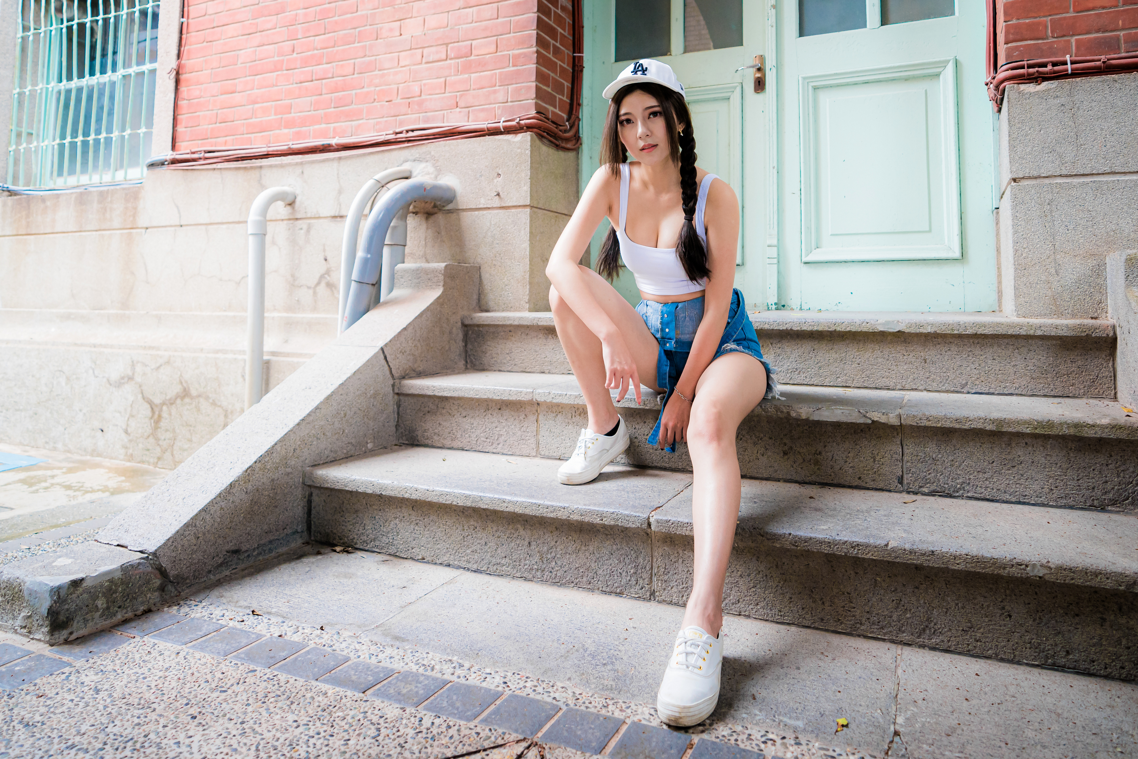 Asian Model Women Long Hair Dark Hair Twintails Sitting Stairs Pipes White Shoes White Tops Baseball 3840x2561