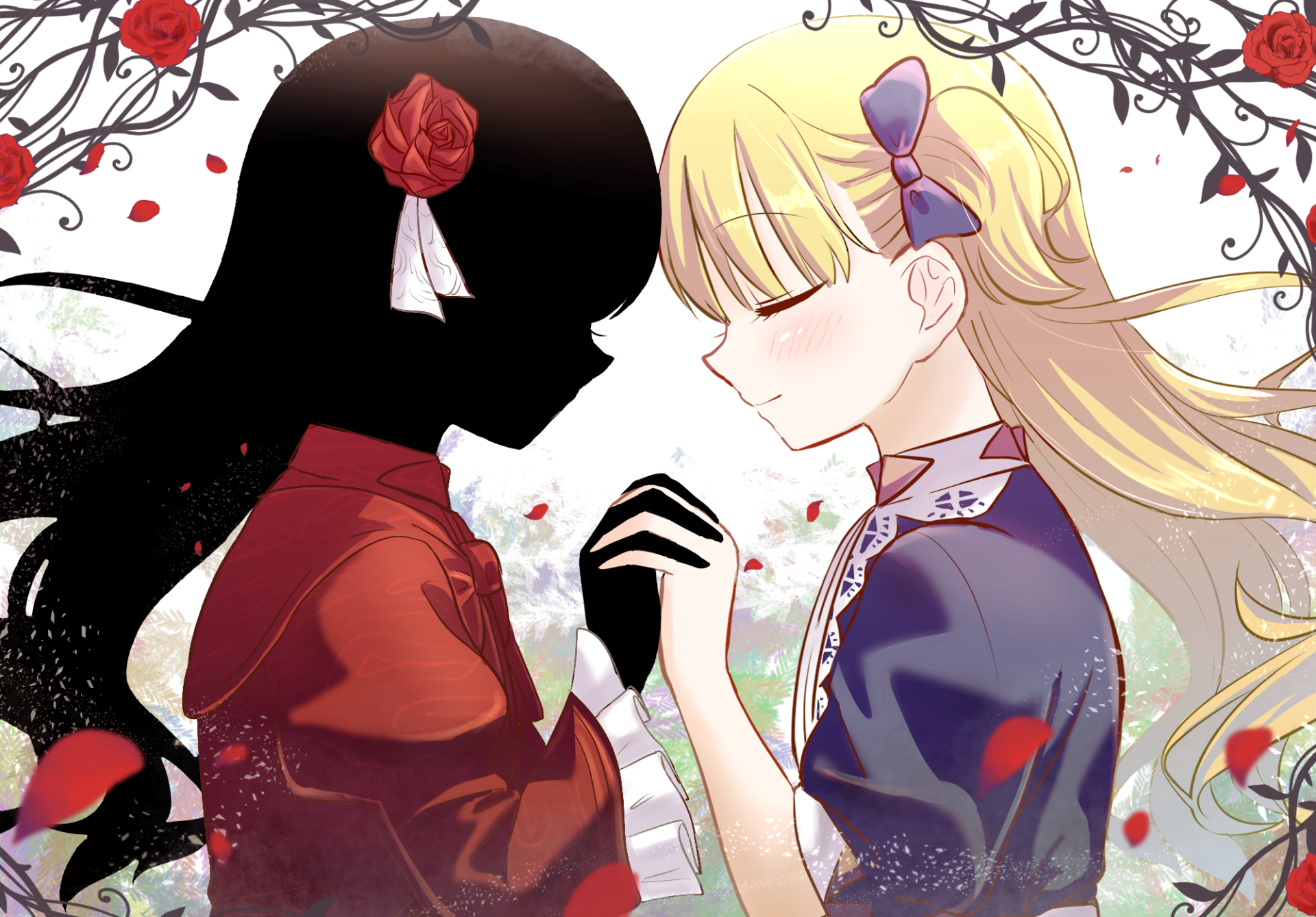 Anime Women Anime Girls Two Women Holding Hands Shadows House Blonde Flower In Hair Closed Eyes Rose 1920x1338