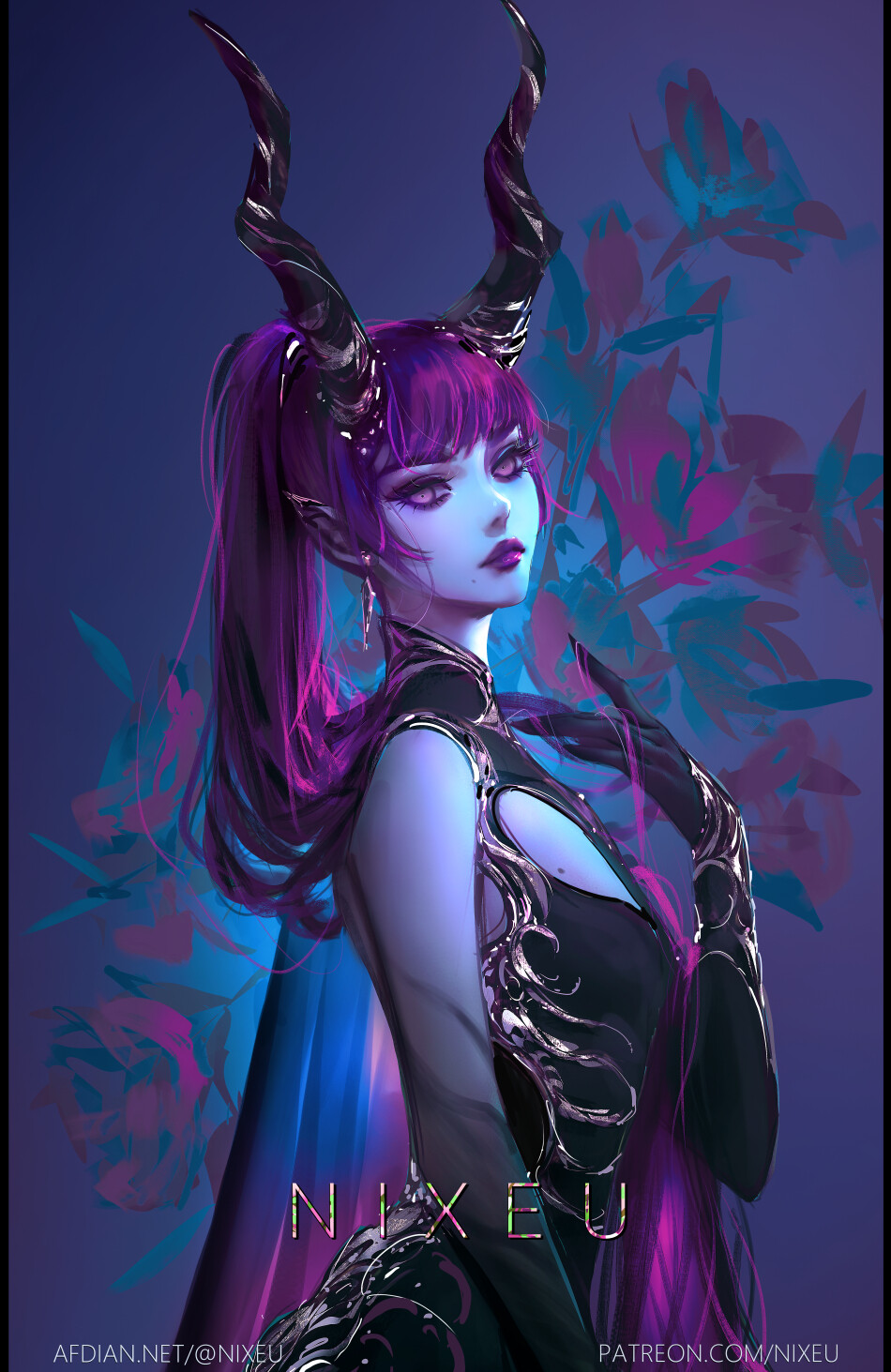 Nixeu Drawing Women Horns Purple Hair Ponytail Dress Black Clothing Purple Eyes Simple Background 950x1463