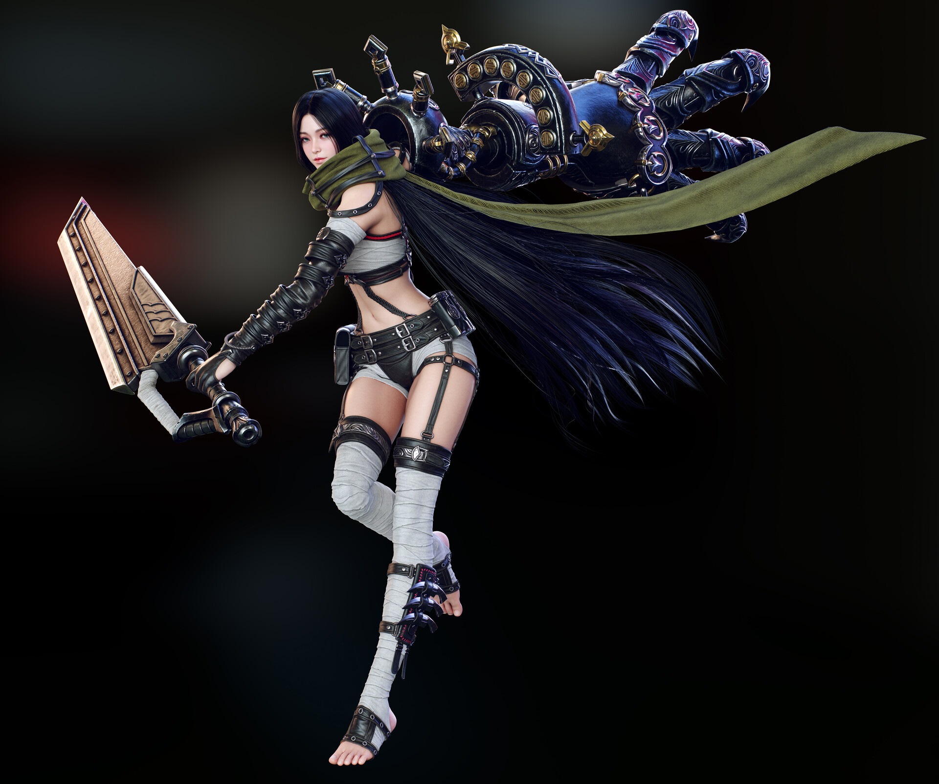 Sunghyun Yun CGi Women Dark Hair Warrior Scarf Weapon Fantasy Art Video Game Art Dark 1920x1603