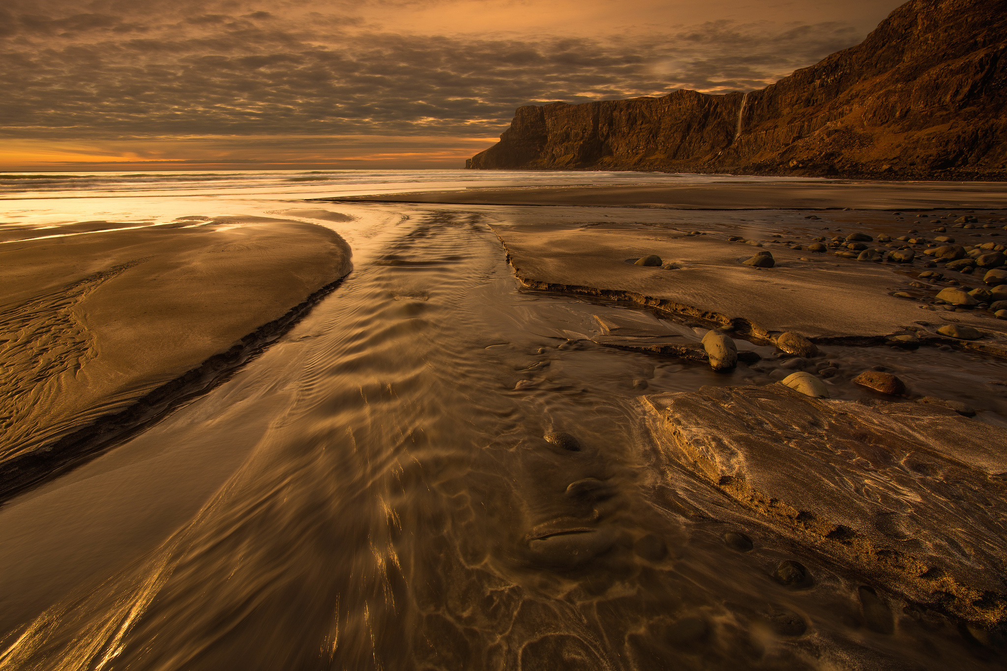 Sunset Stream Ocean Cliff Stone Sand 2048x1365